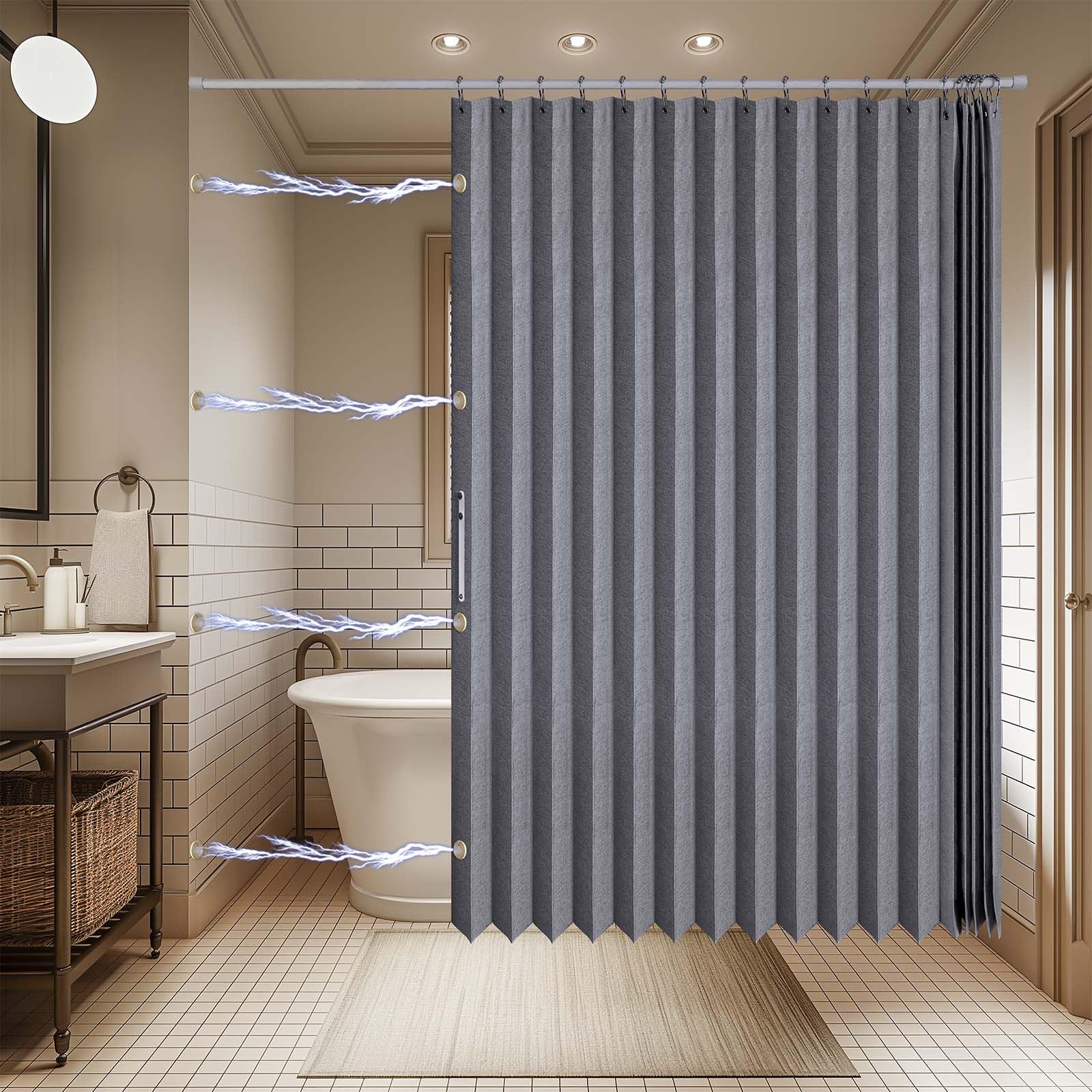 AJAZZ, Tenda da doccia pieghevole magnetica, tessuto in poliestere, gancio per tenda da doccia, impermeabile, adatta per famiglia, hotel, famiglia (grigio, 195,6 x 182,9 cm L) 1 pannello