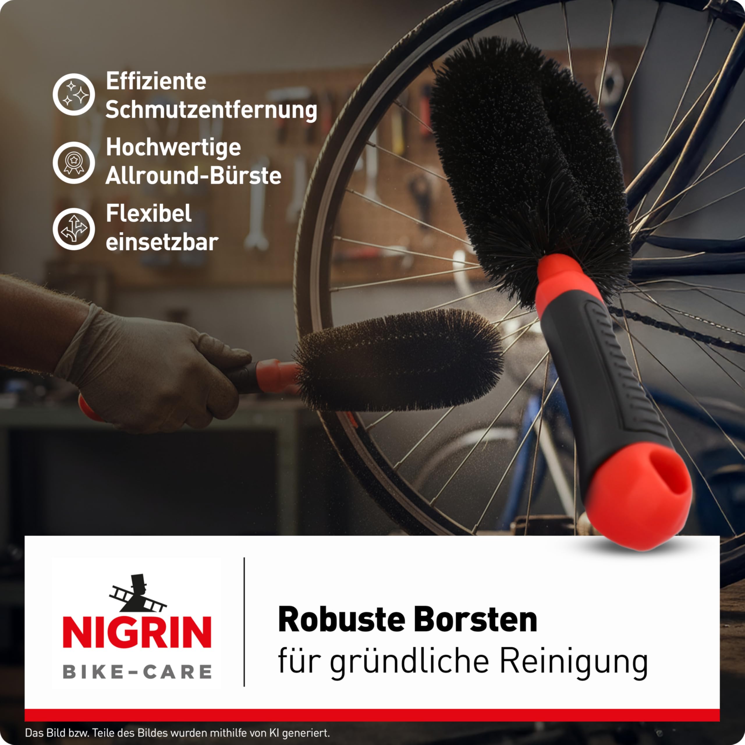 NIGRIN Bike Care szczotka do czyszczenia felg, wysokiej jakości szczotka uniwersalna, idealna do felg, szprych, kół jezdnych i piast, odporny na uderzenia i antypoślizgowy uchwyt, czarny, czerwony, 1