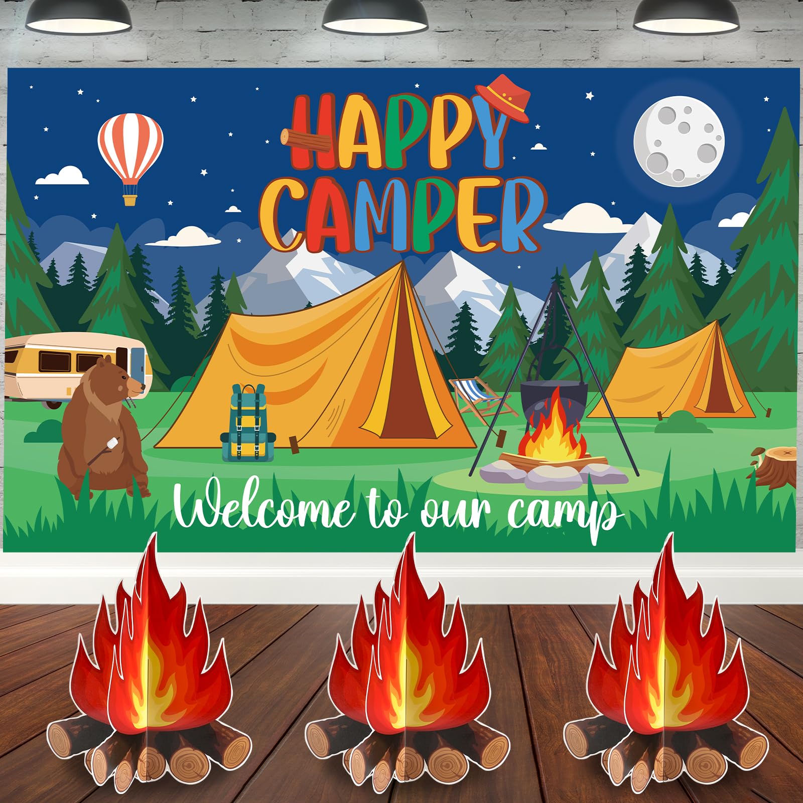 Camping Theme Party Decorations Camping Backdrop with 3 Sets 3D Campfire Decorative Centerpiece Forest Scene Happy Camper Classroom Decor Photo