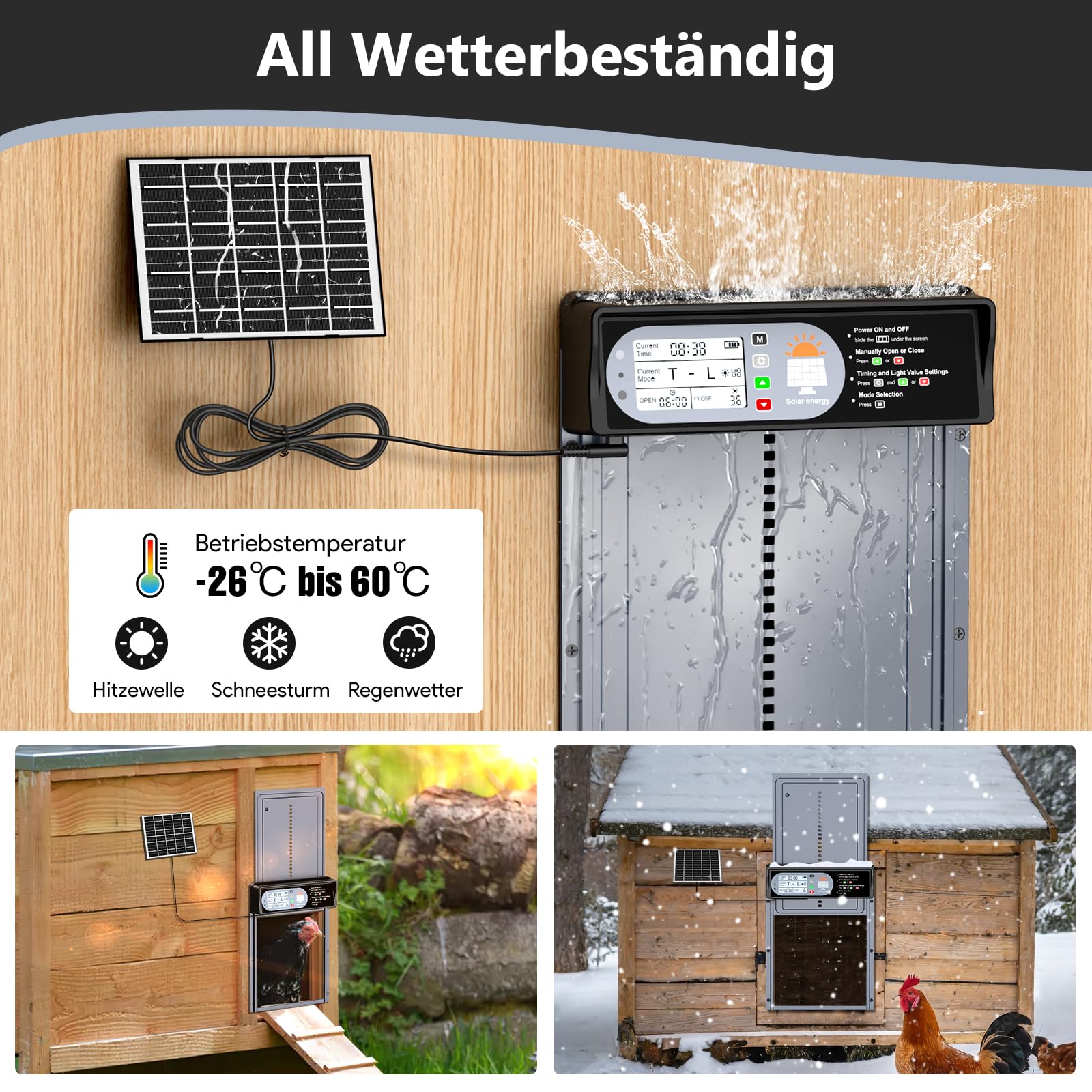 Automatische Hühnerklappe Solar, CHAMUTY Aluminum Elektrische Hühnerklappe Automatisch mit LED Display, Lichtsensor, Timer, Fernbedienung, Hühnerstalltür, Grau