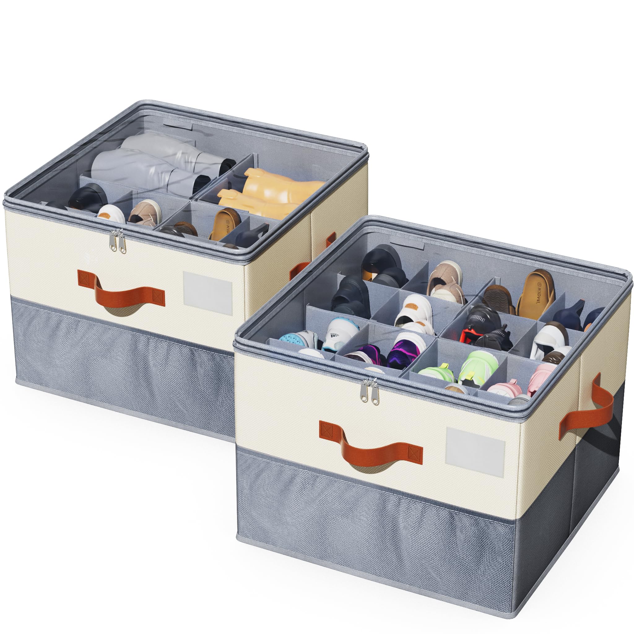 Shoe Organizer for Closet, Foldable Shoe Storage box with Transparent cover, shoe storage with handles Adjustable Dividers interval arbitrarily, Shoe Storage Fits 8-16 Pairs-Beige & Grey（2 Pack）