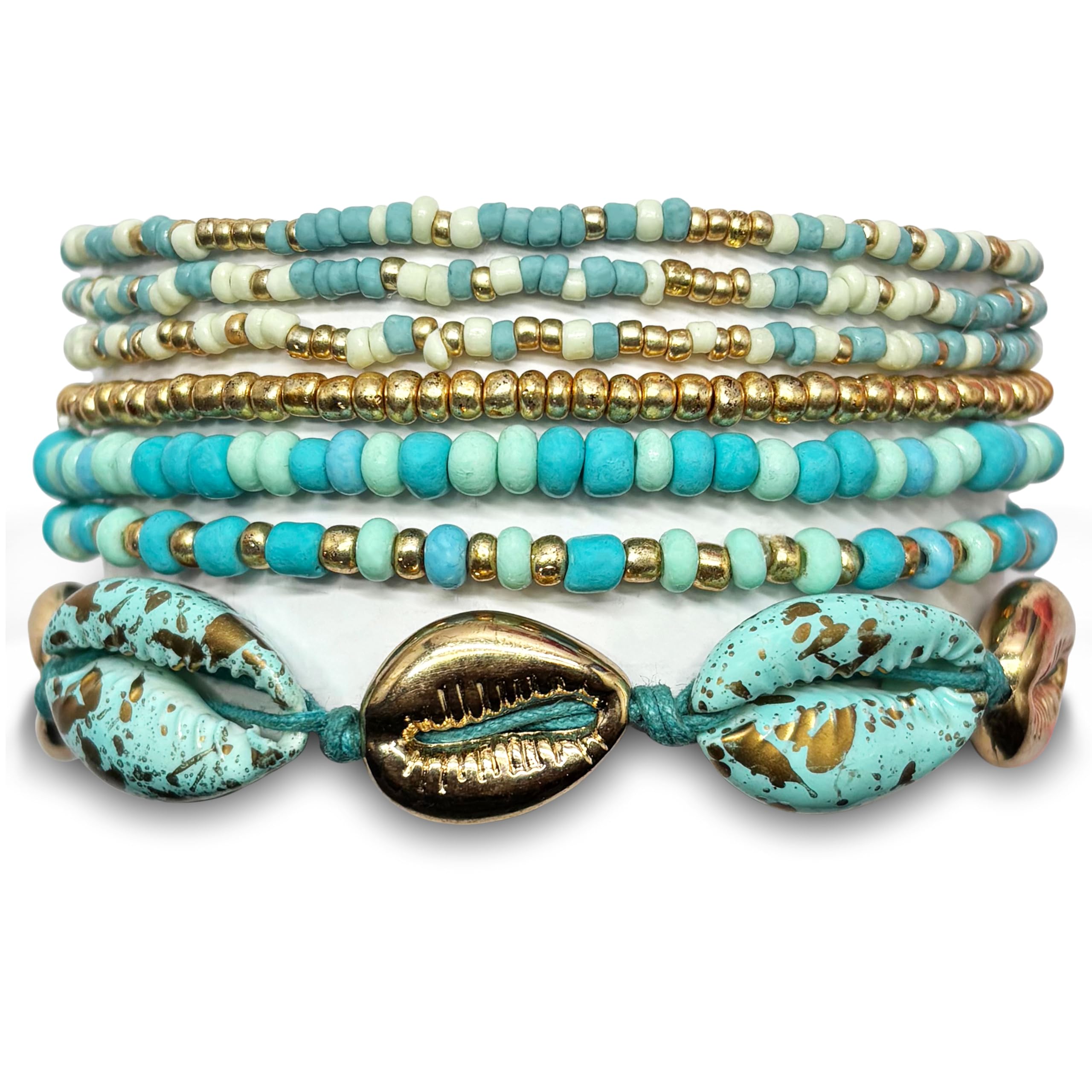 Bohemian Blue Layered Bracelets Stack for Women | Shell and Bead Multi Layer Hand Stack Bracelet | Beach and Goa Style Boho Jewellery Set for Girls | Adjustable Summer Statement Bracelet-image-1