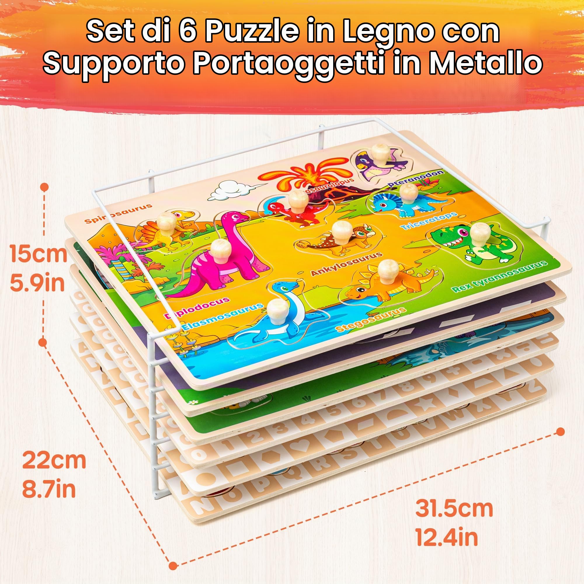 SYNARRY Puzzle in Legno per Bambini 1-4 Anni - 6 Pezzi con Rack, Apprendimento Alfabeto, Numeri, Forme, Animali, Dinosauri, Veicoli - Giocattolo Educativo con Supporto