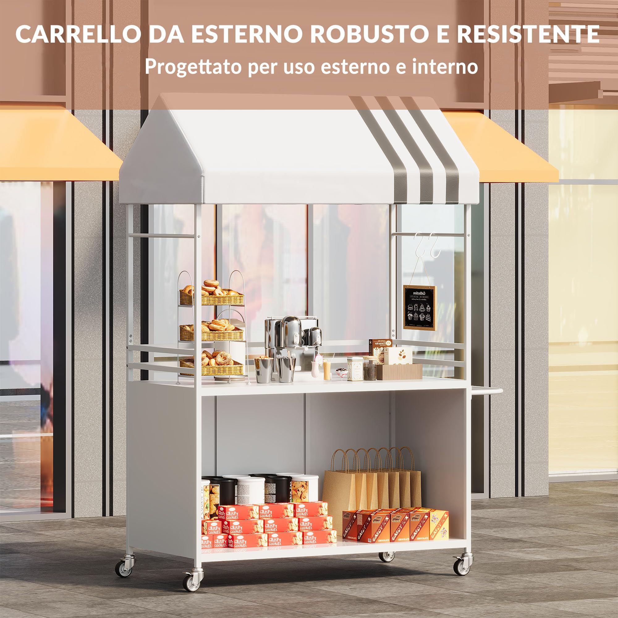 Carretto ambulante portatile con tettoia, carretto mobile per alimenti con ruote bloccabili, espositore da strada alto 215 cm, robusto, ideale per street food, caffè, eventi interni ed esterni.