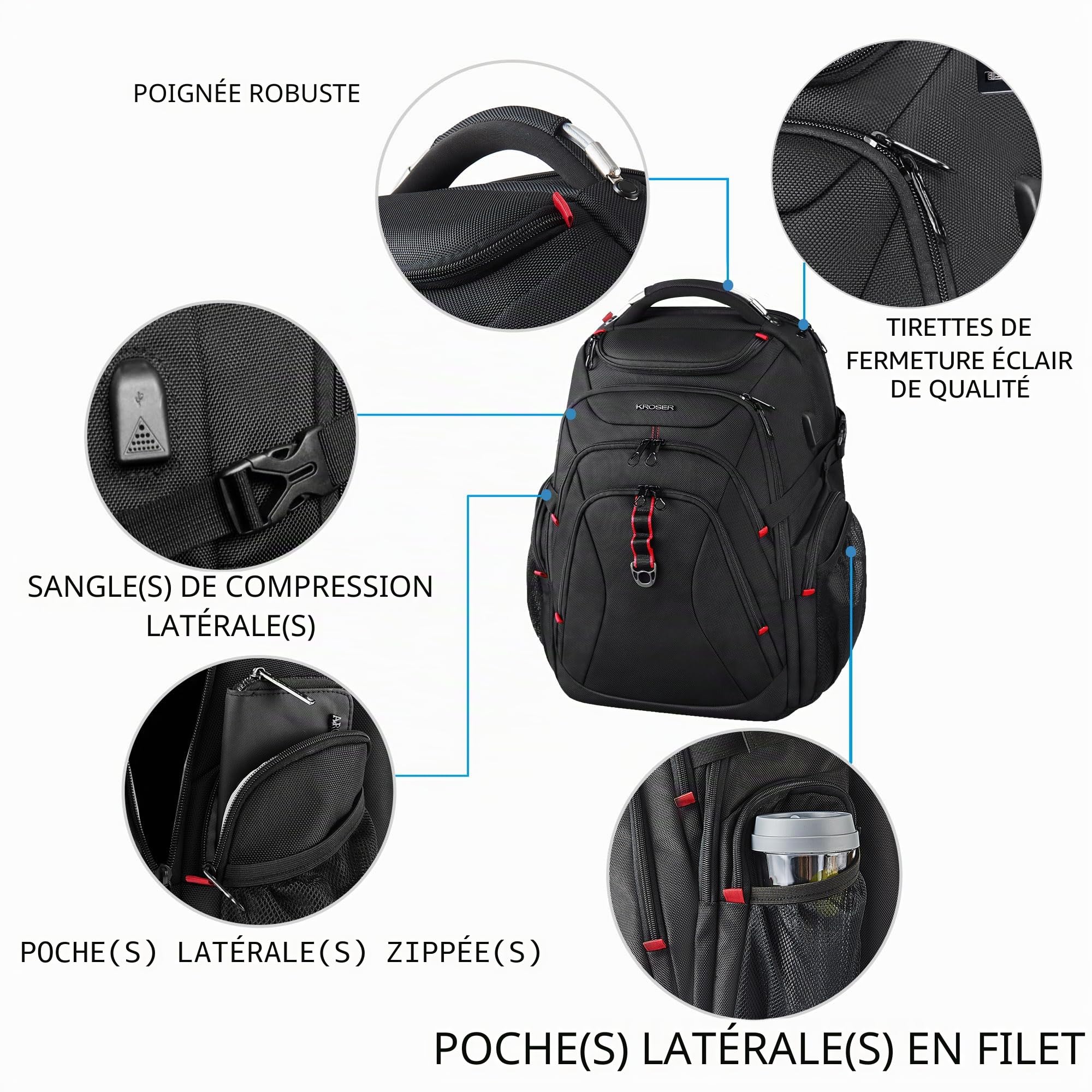 KROSER Sac à dos pour Ordinateur Portable de Voyage 17.3" XL avec Poches RFID Port et Imperméable Sac à dos pour Voyage/Université/Affaires/Collège/Hommes/Femmes laptop backpack