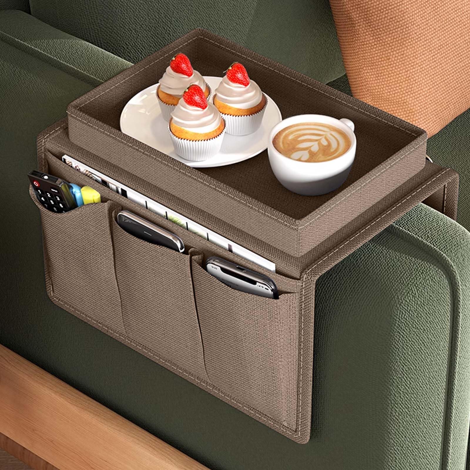 Colexy Women's Coffee Sofa Armrest Organizer, Couch Caddy Arm Hanging Storage Bag With Cup Holder Tray, Anti-Slip Armchairs Bedside Caddy Pouch Sofa Tidy Table For Tv Remote Control Cellphone Magazines Glasses (Coffee)