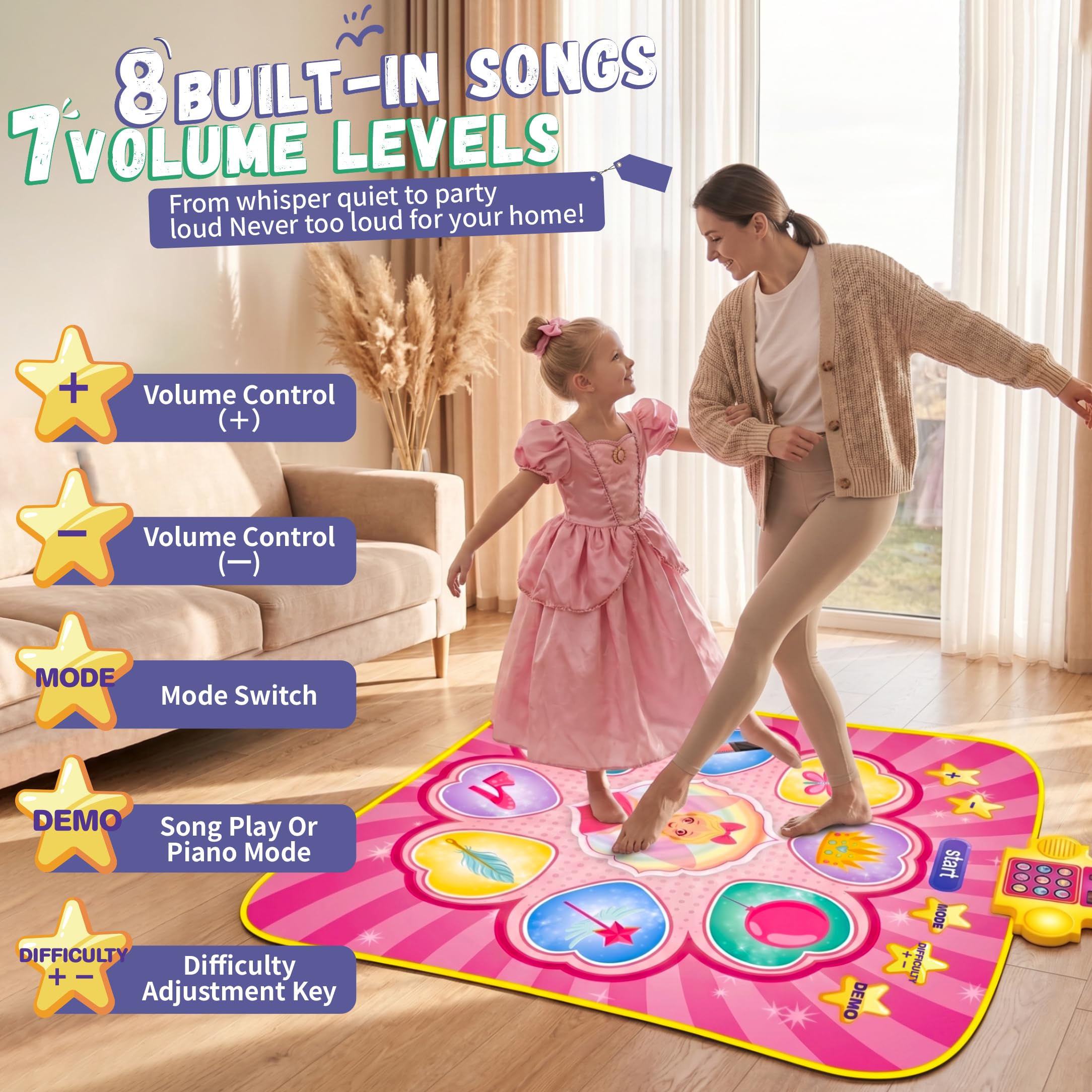 YESHIN Tapis de Danse Enfant 9 Touches avec Musique et Lumières LED, 3 Modes de Jeu, 8 Chansons & 7 Volumes, Grandes Touches Sensibles, Jeu Musical Interactif Cadeau Fille 3–12 Ans (Rose)