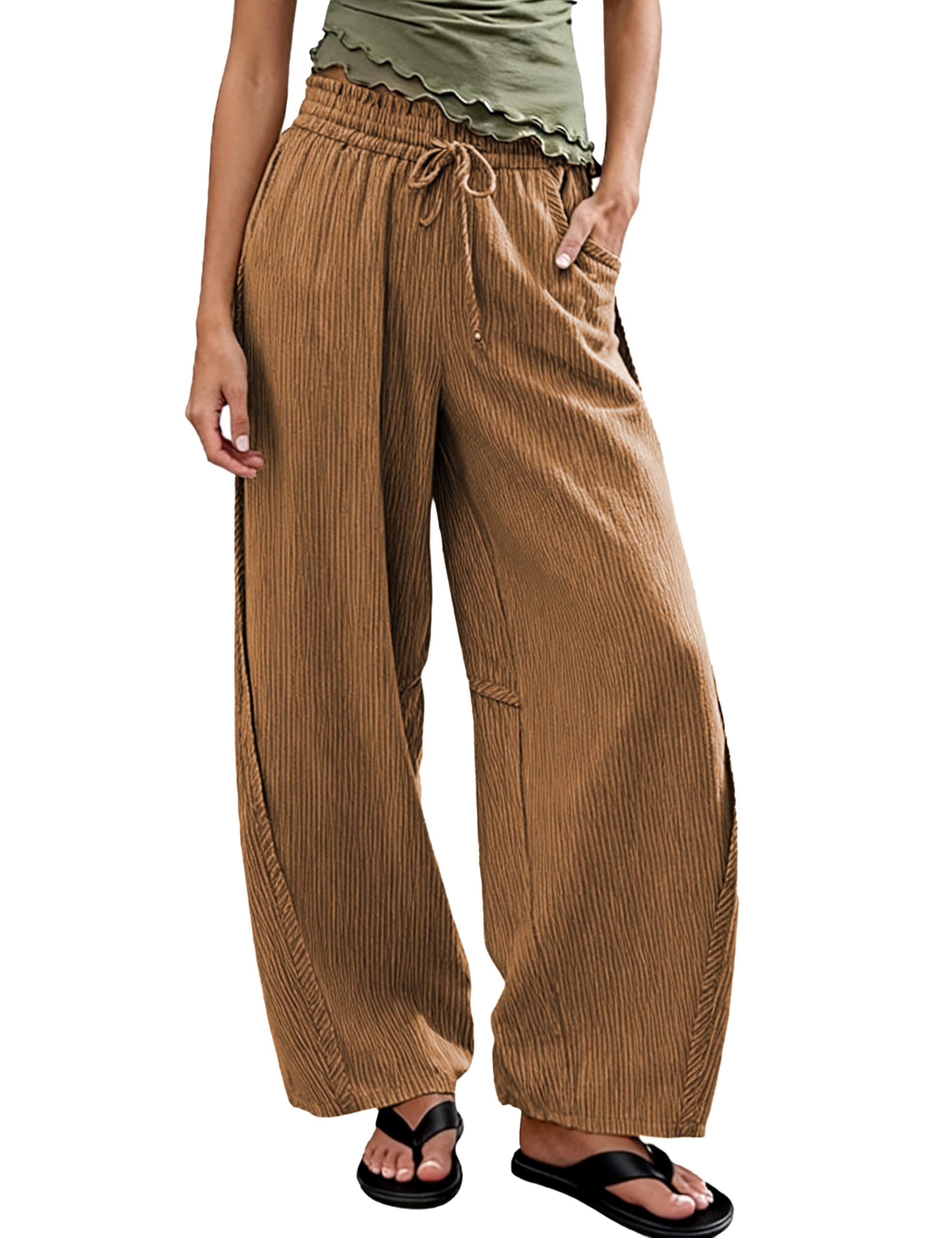 Womens Striped Barrel Pants Drawstring Waist Wide Leg Trousers Pockets Casual Comfort for Office Lounge Travel