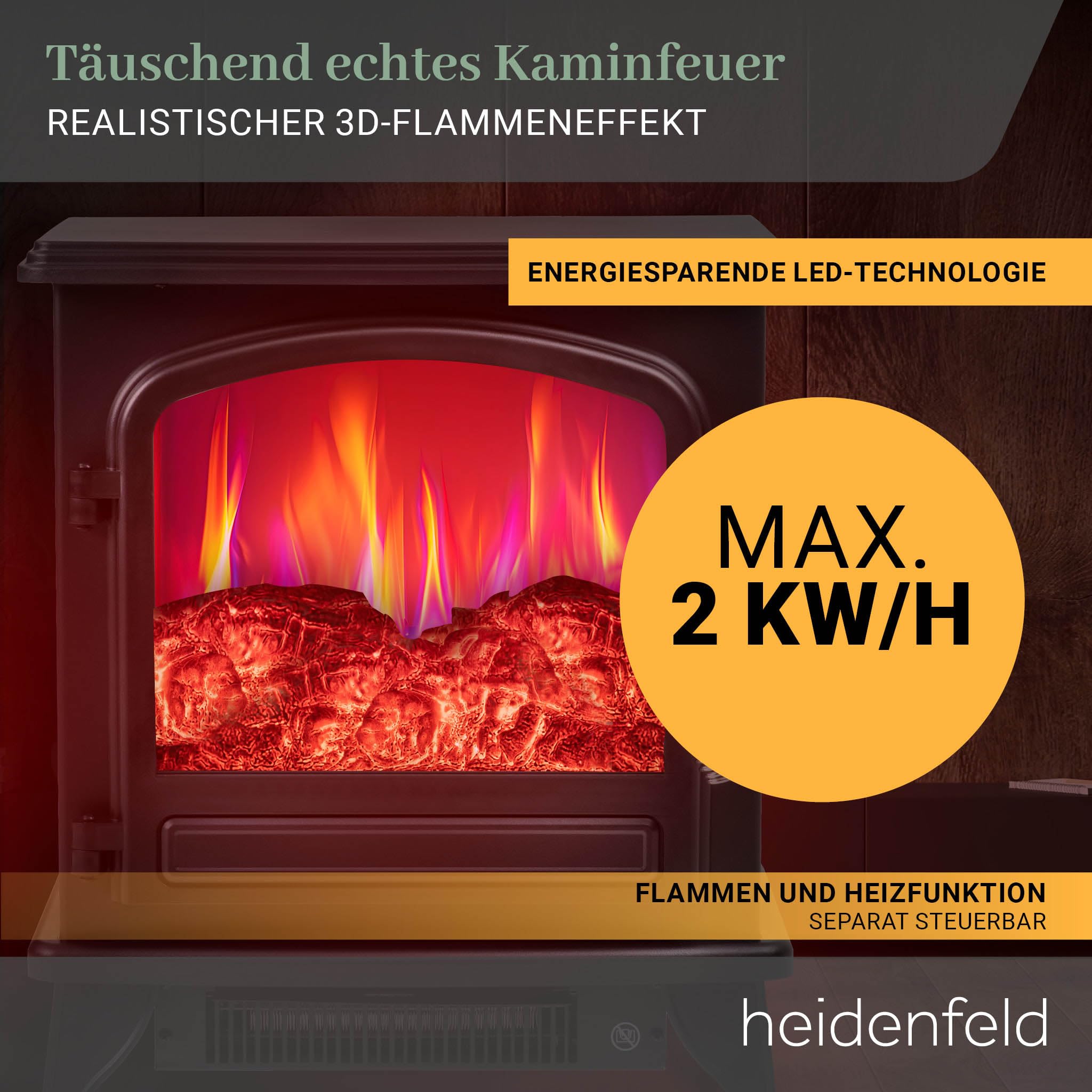 Heidenfeld Elektrokamin EK100 | 𝟯 𝐉𝐀𝐇𝐑𝐄 𝐆𝐀𝐑𝐀𝐍𝐓𝐈𝐄 - 2000 Watt - Energiesparende LEDs - Glasfront - 2 Heizstufen - 3D Flammeneffekt Kaminfeuer - Kaminofen Bis 30 m² (Schwarz 2.0)
