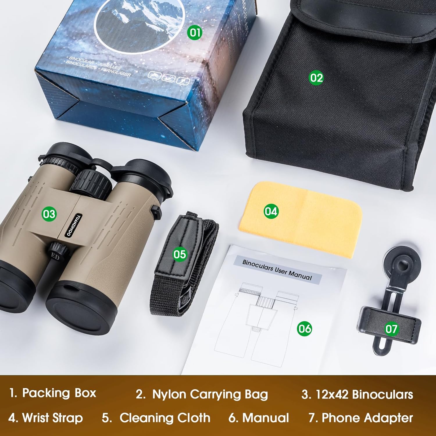 12x42 HD Binoculars for Adults High Powered Binoculars with Upgraded Phone Adapter Waterproof Compact Binocular with Low Light Night Vision for Bird Watching Hunting Outdoor Sports Concerts Mud - Image 7