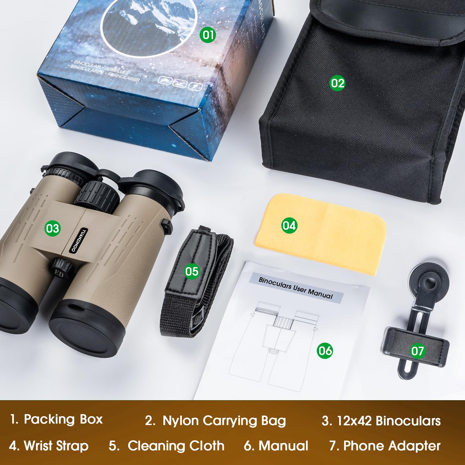 Prismáticos HD de 12 x 42 Pulgadas para Adultos, prismáticos de Alta Potencia con Adaptador de teléfono Mejorado, prismáticos compactos Impermeables con visión Nocturna con Poca luz para observación
