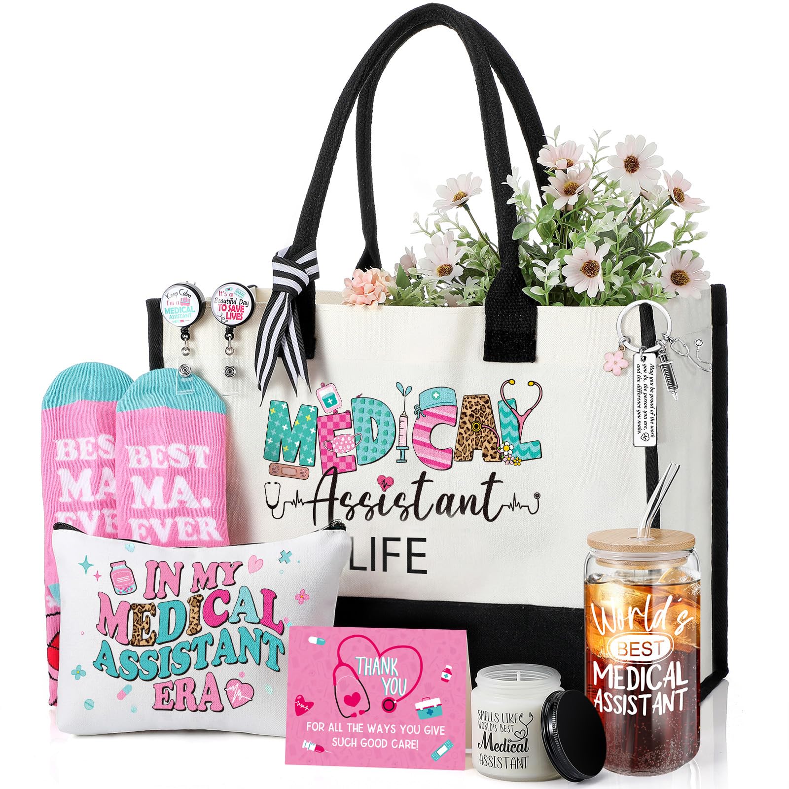 Skylety 9 Pcs Nurse Medical Assistants Gift Set for Women Trapezoid Grocery Canvas Tote Bags with Handle Glass Jar Tumbler Scented Candle Badge Reel Socks Novelty MA Nurse Week Appreciation Gift