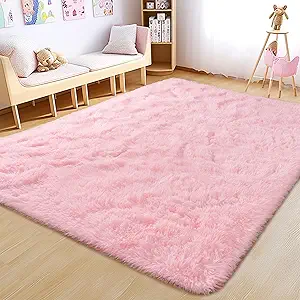 4x6 Fluffy Pink Area Rug - Soft Cute Shag Fuzzy Rug for Bedroom - Anti-Skid Living Room Girls Rug Pink Home Decor