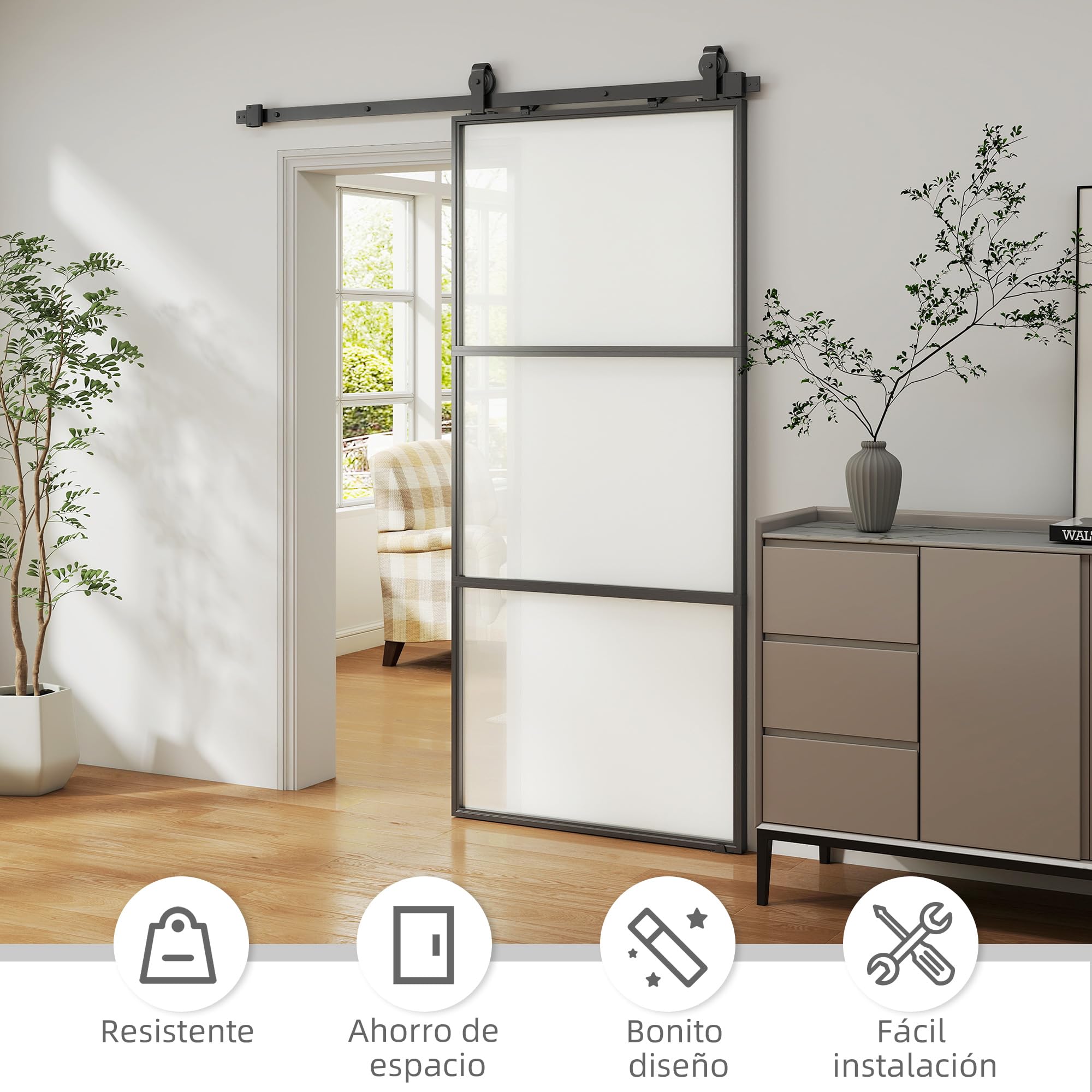 HOMCOM Puerta Corredera con Herrajes 91,4x203,2 cm Puerta Corredera de Cristal con Mecanismo Cierre Suave para Baño Salón Sala de Estar Cocina Negro