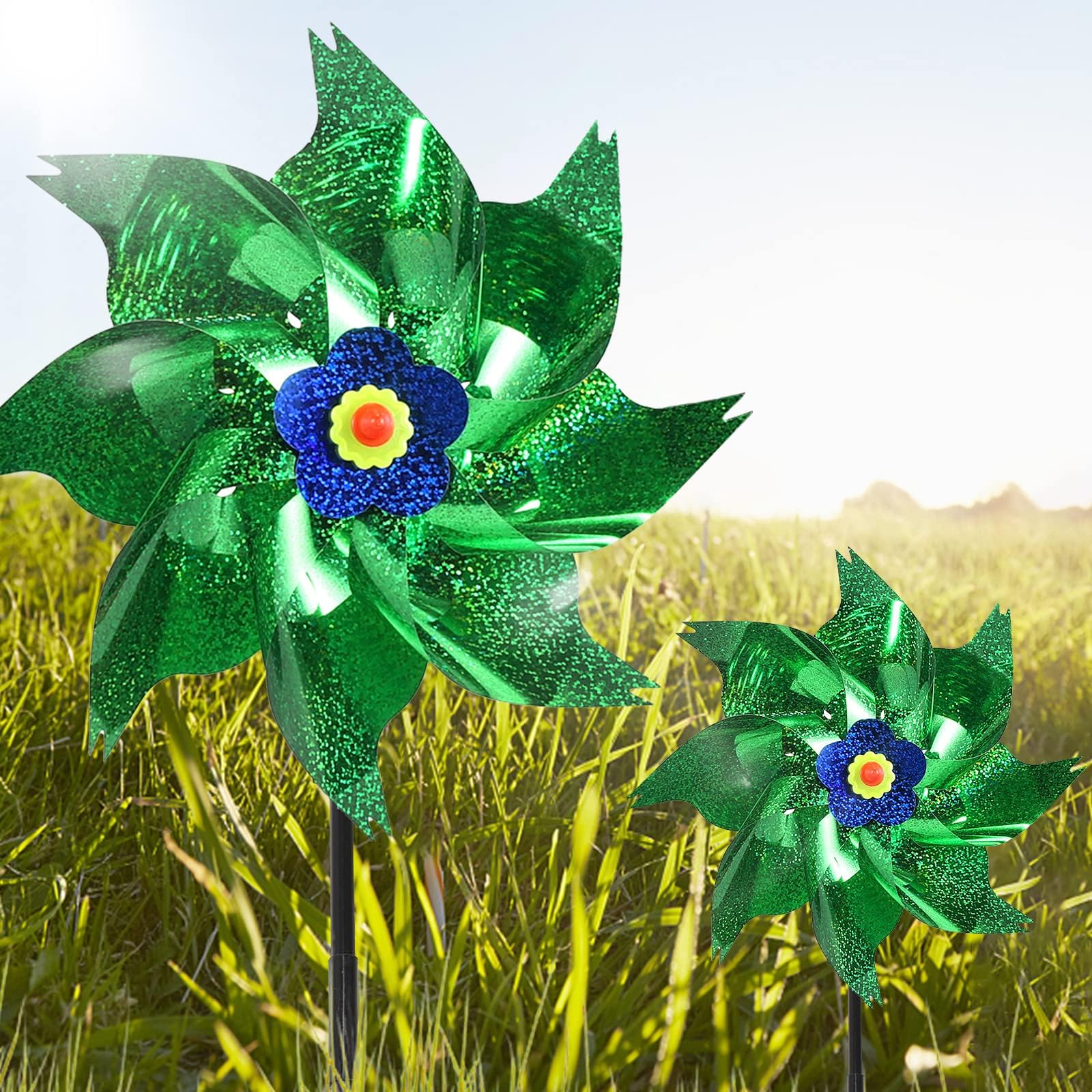 Pinwheels for Yard and Garden, 6 Pack Green Reflective Pinwheels with Stakes, Upgrade 8 Pages Sparkly Wind Sculptures for Garden Decor,Sparkly Wind Spinner for Scare Birds & Animal Away