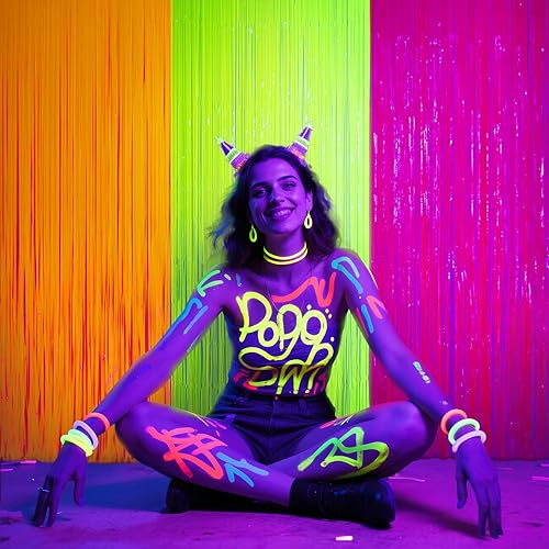 Miniatura 3 de Mega-L - Suministros de fiesta que brillan en la oscuridad, paquete de 3 decoraciones de fiesta de neón de 9.9 x 6.6 pies, cortinas de flecos