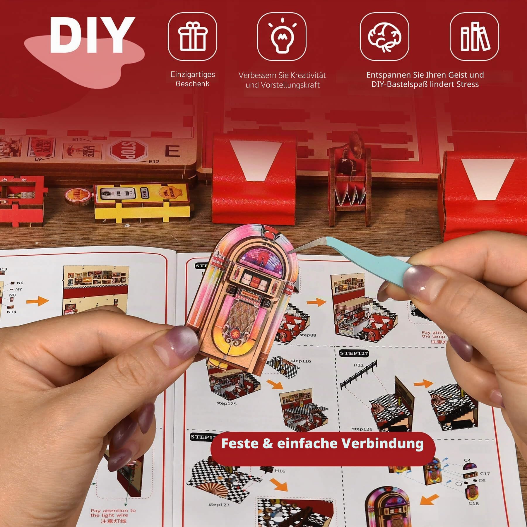 fifijoy Book Nook Kit - DIY Miniaturhaus Puppenhaus Kit für Erwachsene und Jugendliche, Booknook Retro Diner Bücherregal Dekor 3D Holzpuzzle mit LED-Licht, Geschenke für Familie und Freunde (1950er
