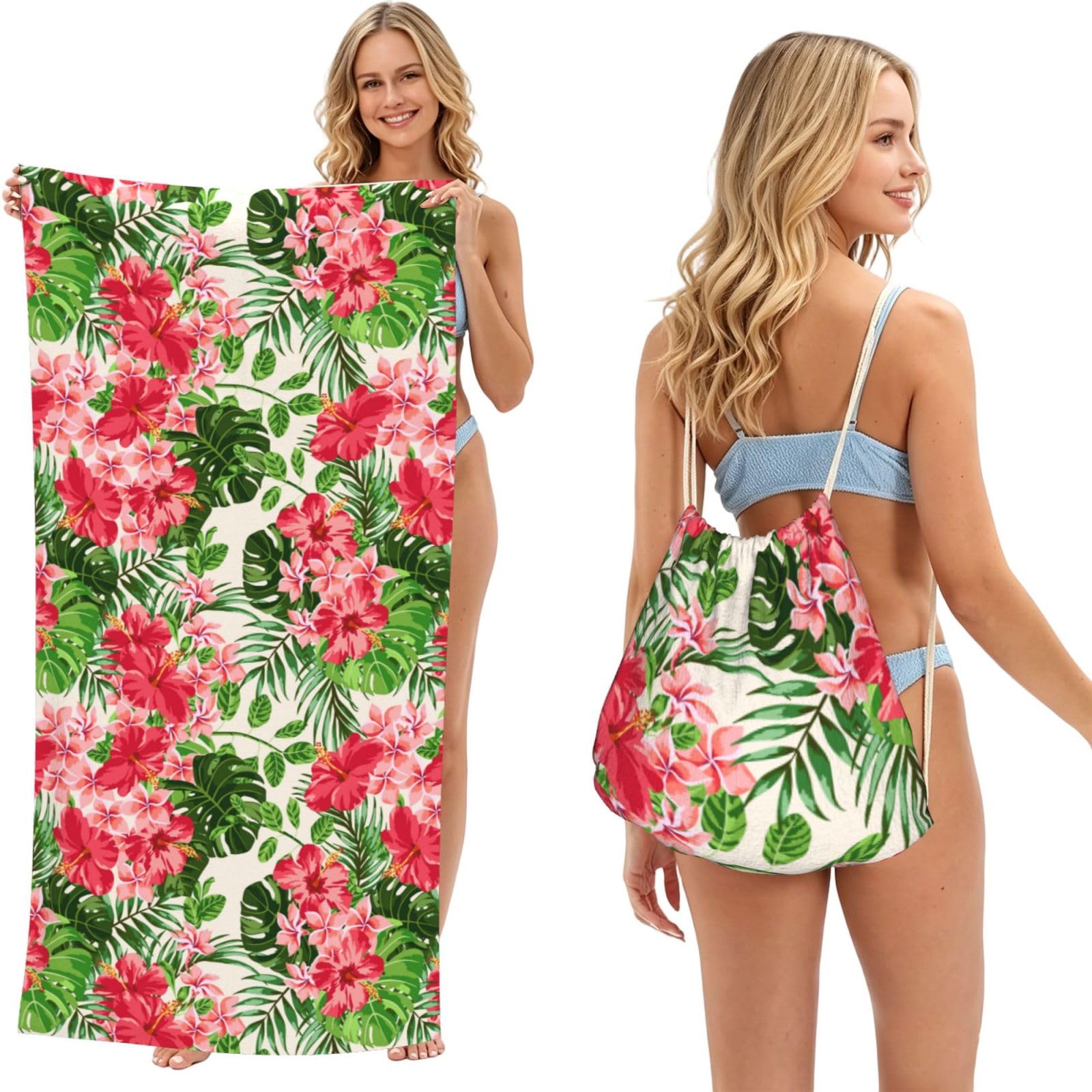 Poadnly As Picture Exotic Tropical Leaves Flowers Floral Vintage, 2 In 1 Packable Towel Bag, Beach Towels With Drawstring Backpack For Travel Holiday Camping