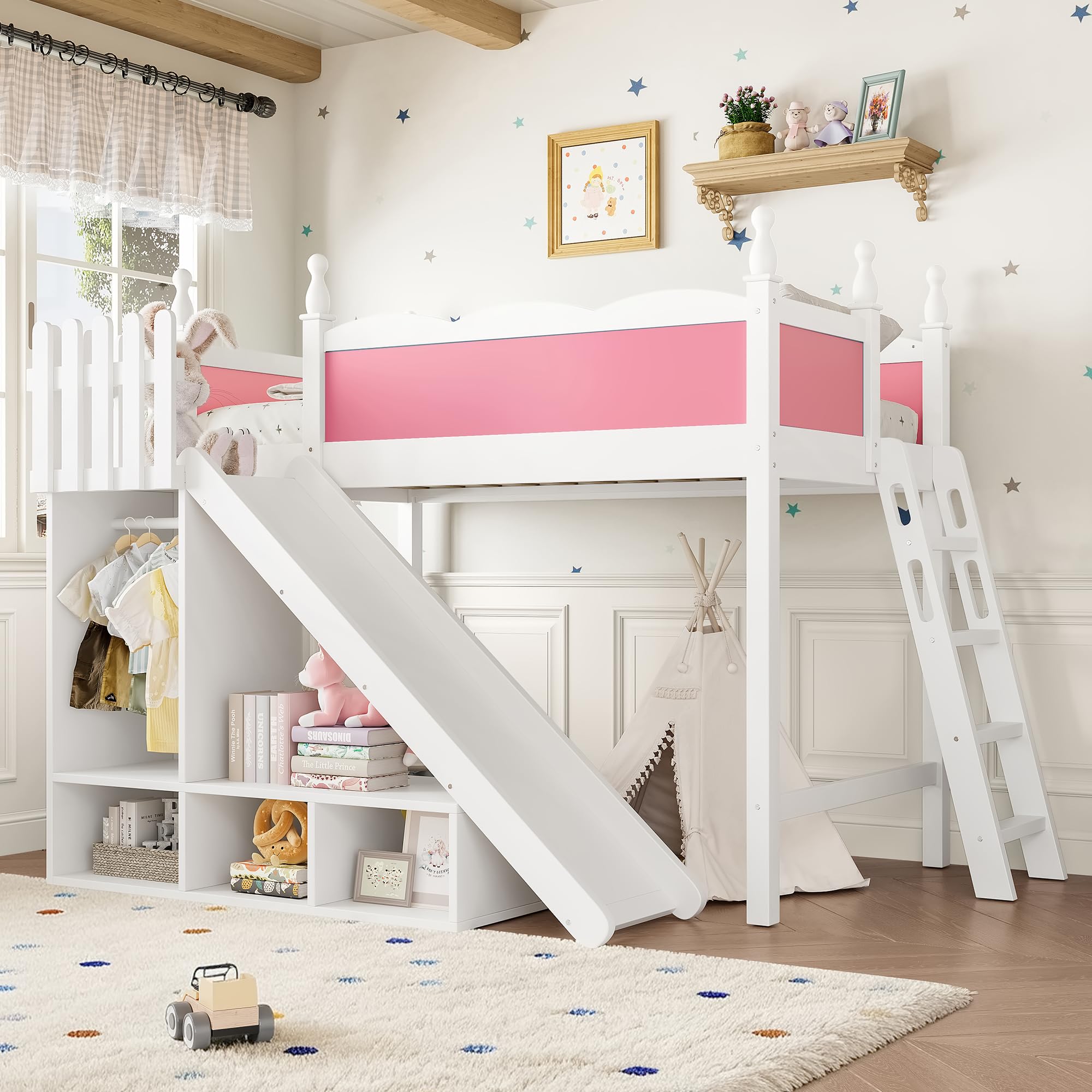 Bellemave Twin Size Kids Loft Bed with Slide and Storage Shelves for Kids,Solid Wood Girls Loft Bed Frame with Wardrobe and Inclined Ladder for Girls