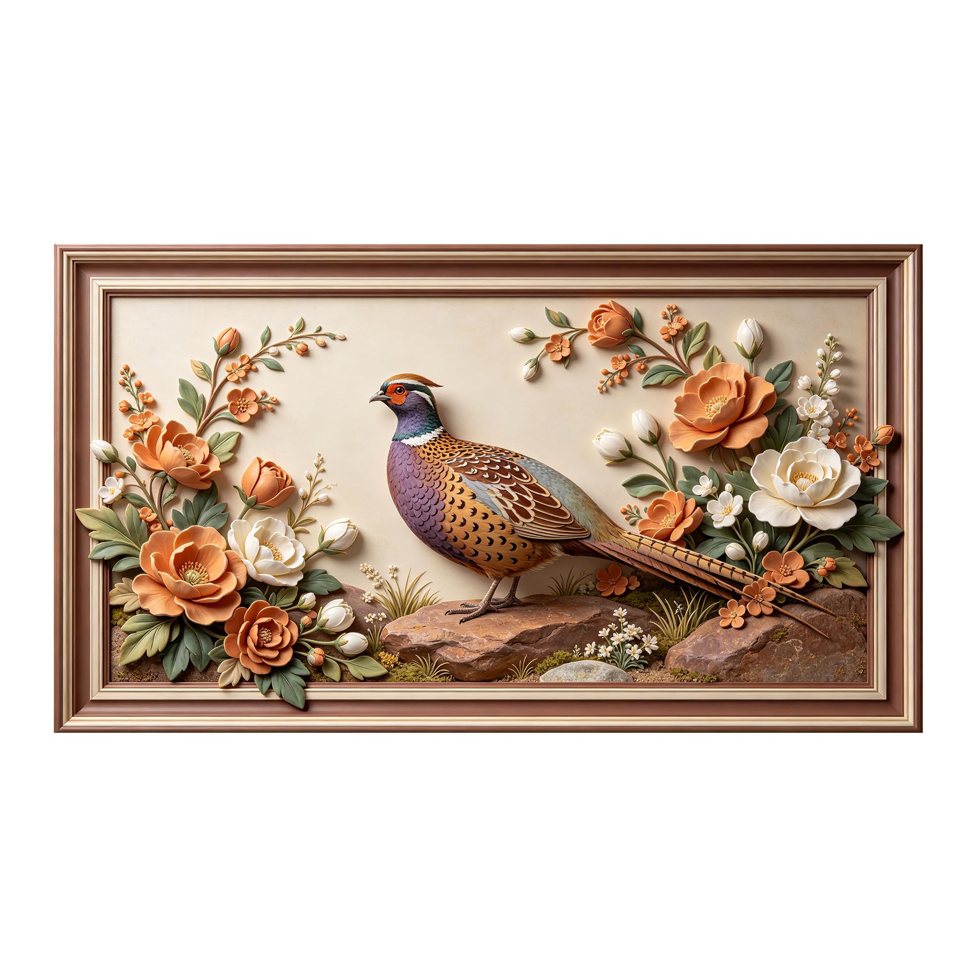 Yzpallescene 3D 3D Framed Wall Art 50cm×90cm Pheasant Floral Botanical Oil Painting Large Size SelfAdhesive Removable Wall Decor Prints Artwork for Living Room Bedroom Office