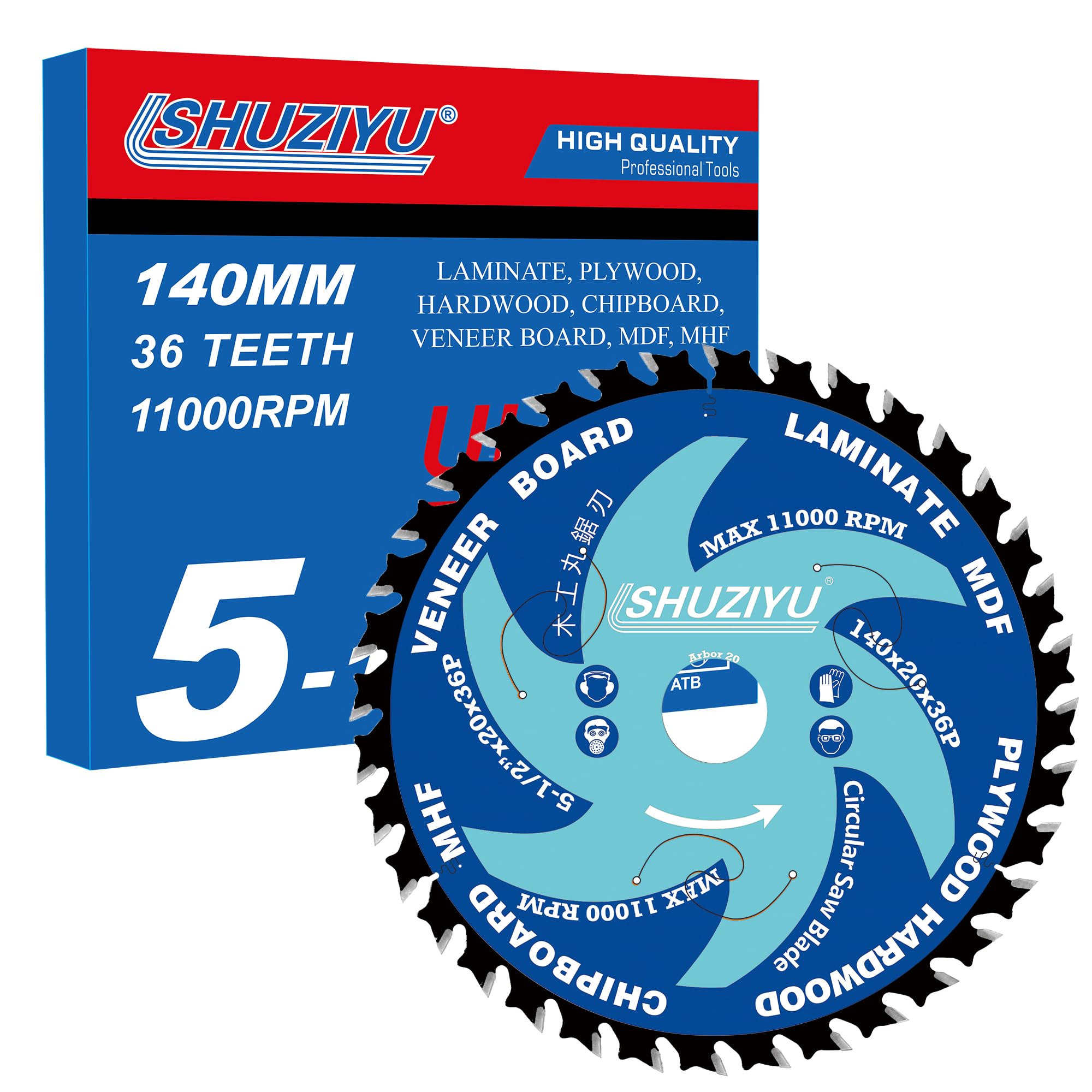 SHUZIYU 5-1/2"(140mm)-36T, Circular Saw Blade, Arbor 20mm with 5/8"-1/2"-10mm-3/8“ Washer, for Laminate, Veneer Board, Plywood, Hard Wood, MDF and HDF