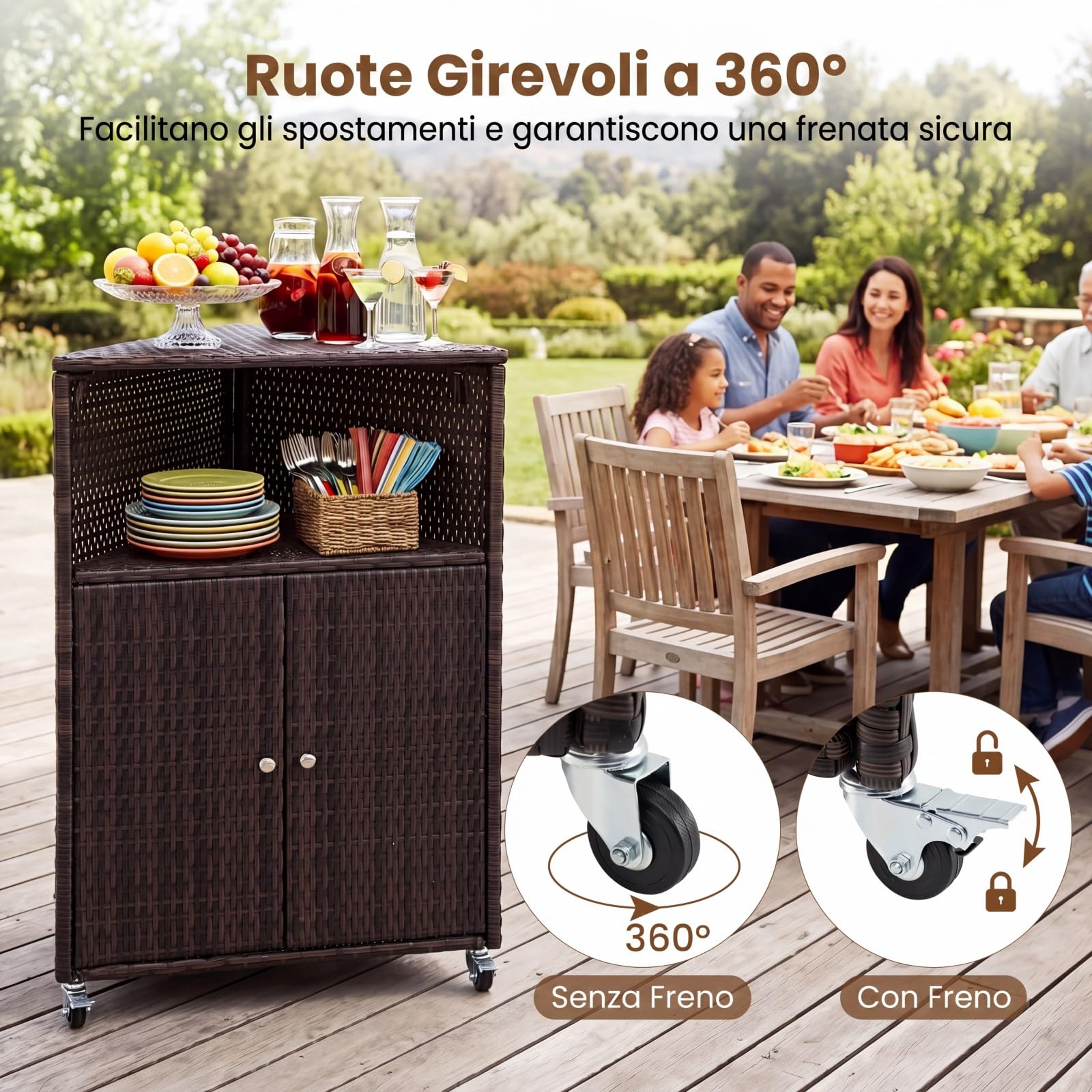 COSTWAY Armadietto da Esterno Angolare, Armadio da Esterno in Rattan PE con Ruote Bloccabili, 2 Ripiani Aperti e 2 Ante, Credenza da Cucina per Giardino, Piscina e Terrazza, 66 x 47 x 111 cm