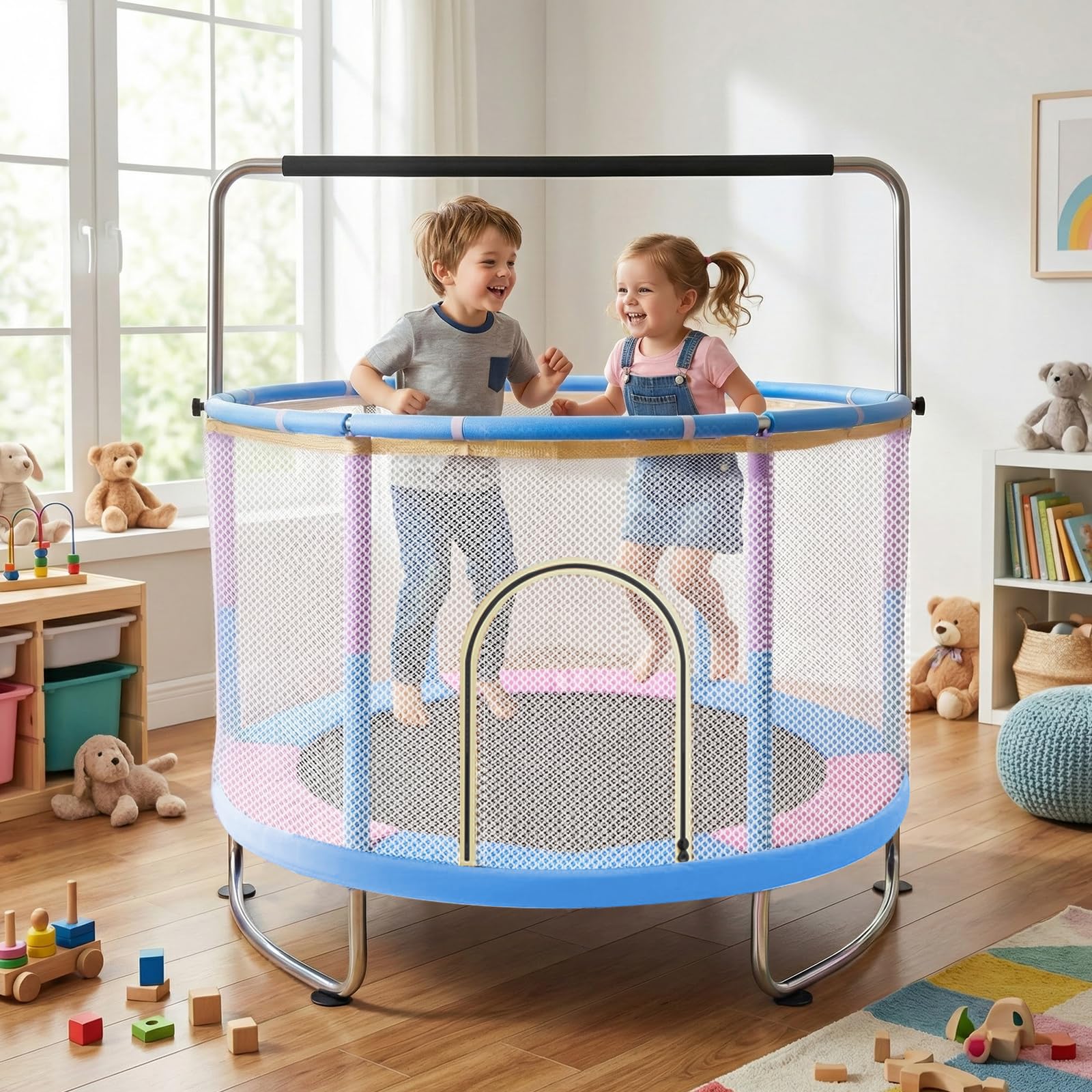 Trampoline de 1,5 m pour Enfants de 3 à 14 Ans - avec Balançoire, Barre de Gymnastique & Panier de Basket - Adaptée Intérieur et Extérieur.