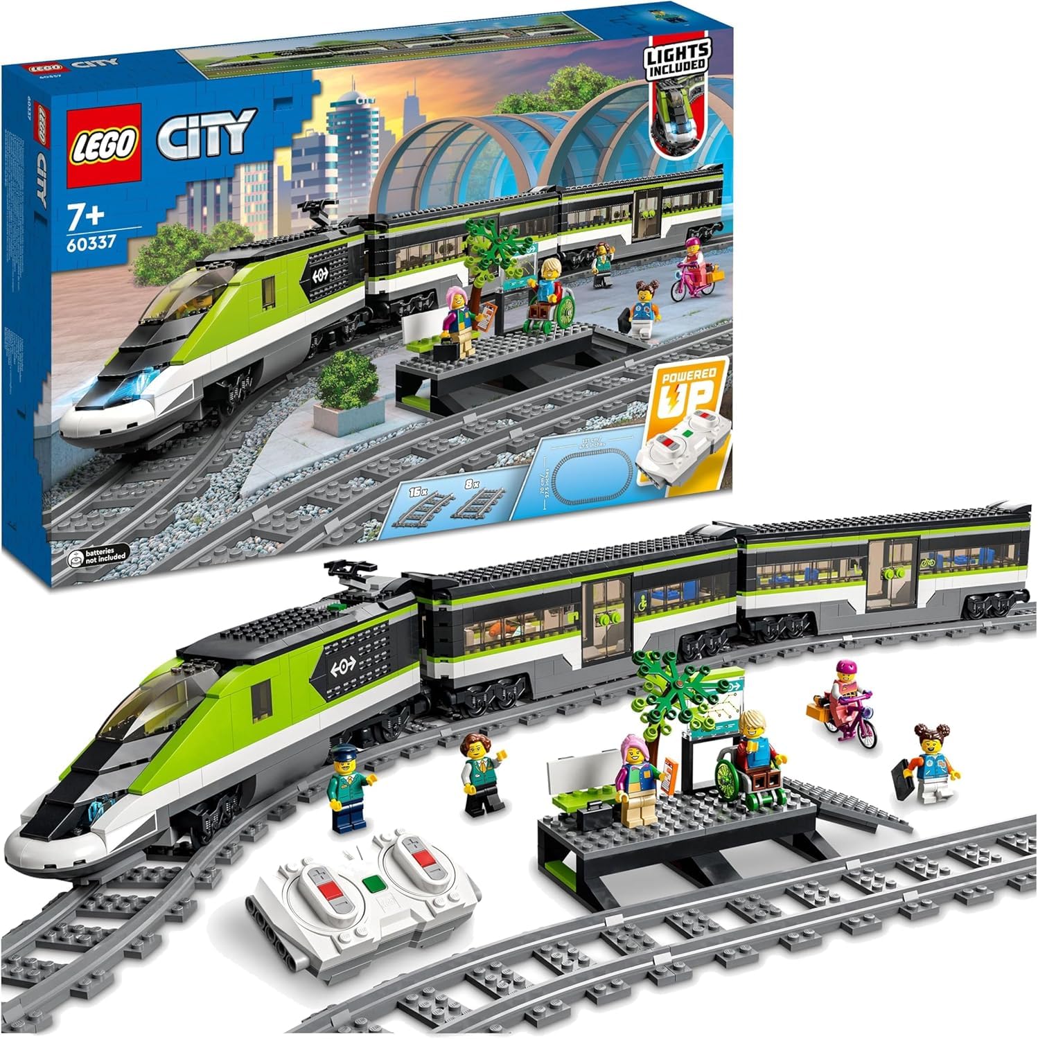 LEGO City Treno Passeggeri Espresso - Include Trenino Giocattolo Telecomandato con Fari Funzionanti, 2 Carrozze, 24 Binari e 6 Minifigure + Amazon basics confezione da 8 AAA