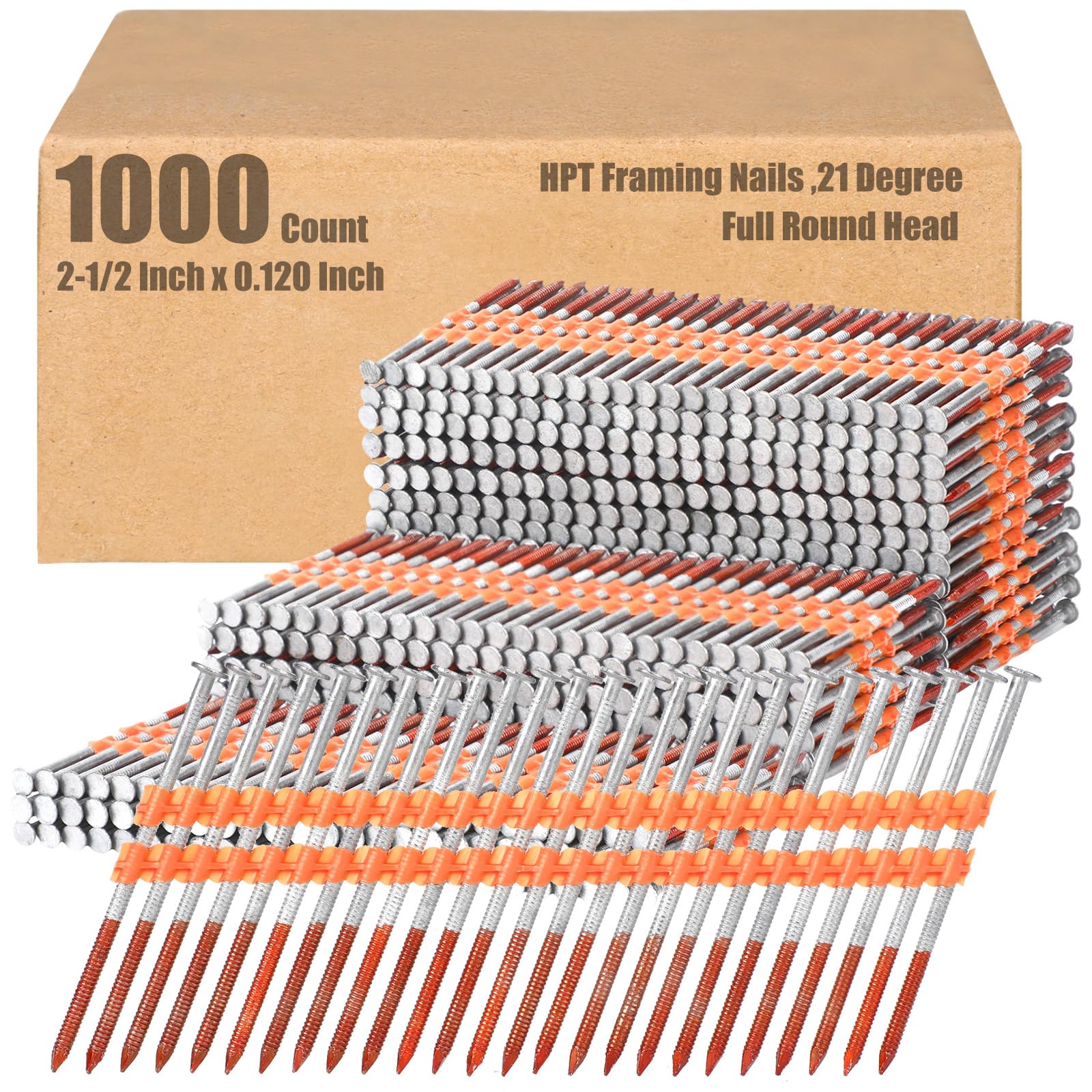 Therwen 1000 clavos de encuadre de 21 grados, cabeza redonda completa, clavos de encuadre, vástago de anillo, clavos galvanizados sumergidos en caliente, fila de plástico fija para todas las maderas