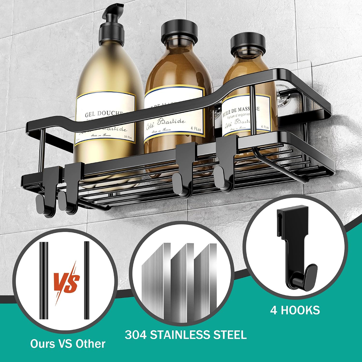 OMAIRA Shower Caddy [6 Pack], No Drilling Large Capacity Stainless Steel Adhesive Shower Organizer Bathroom Organizer, Shower Shelf for Inside Shower, Bathroom Shelves Kitchen Storage (Black)