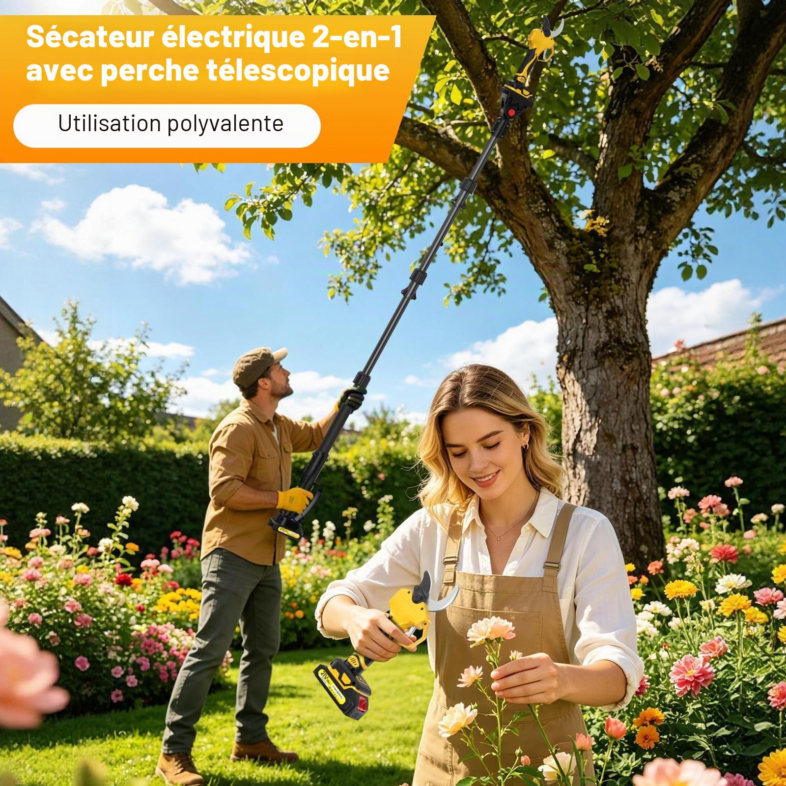2-En-1 Sécateur Électrique avec Perhe, 3 Ouvertures de Lame Réglables