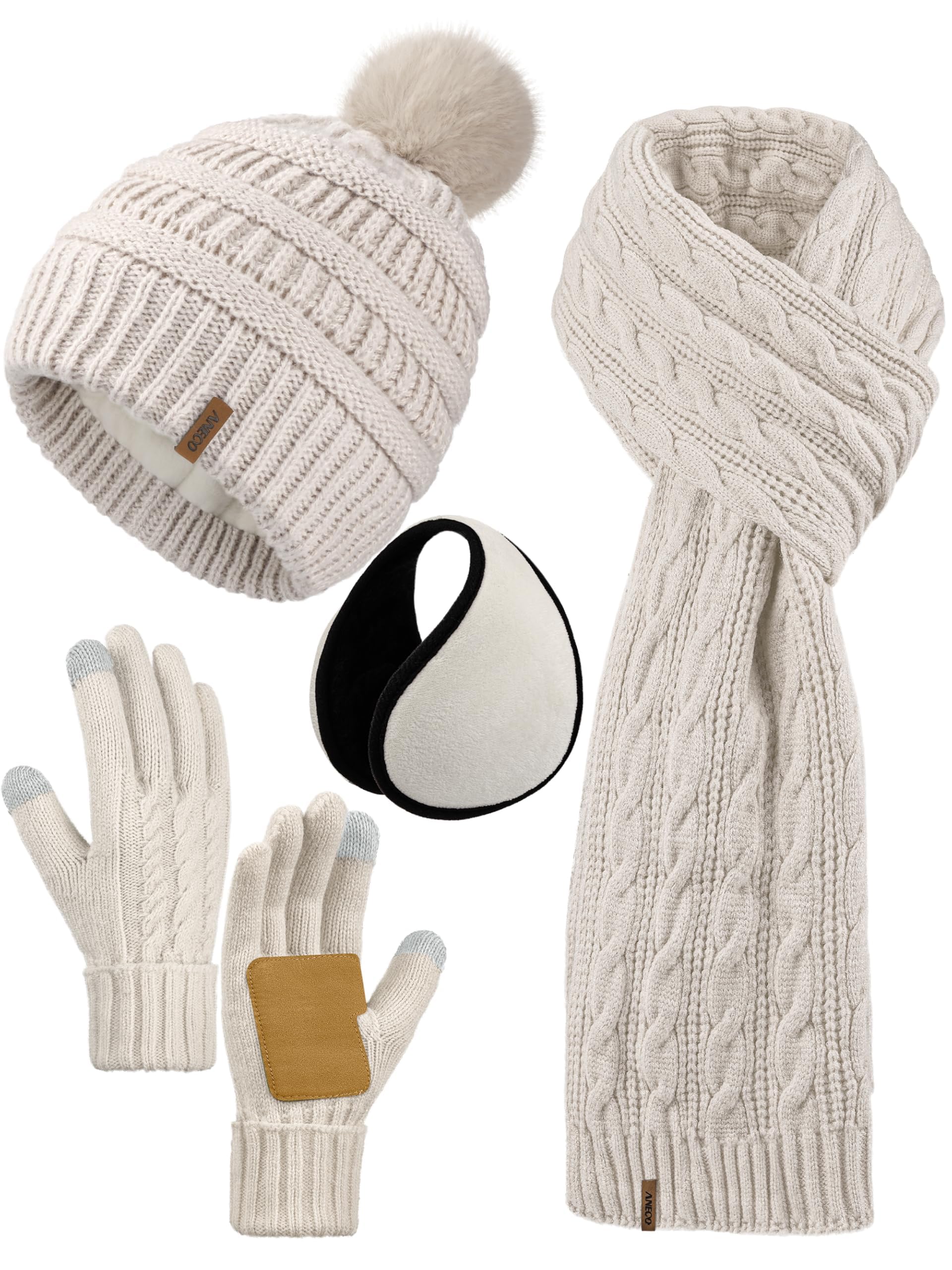 Aneco 4-in-1 Women Winter Beanie Hat Scarf Touchscreen Gloves Ear Warmer Set Fleece Lined Warm Knit Skull Cap with Pom Pom
