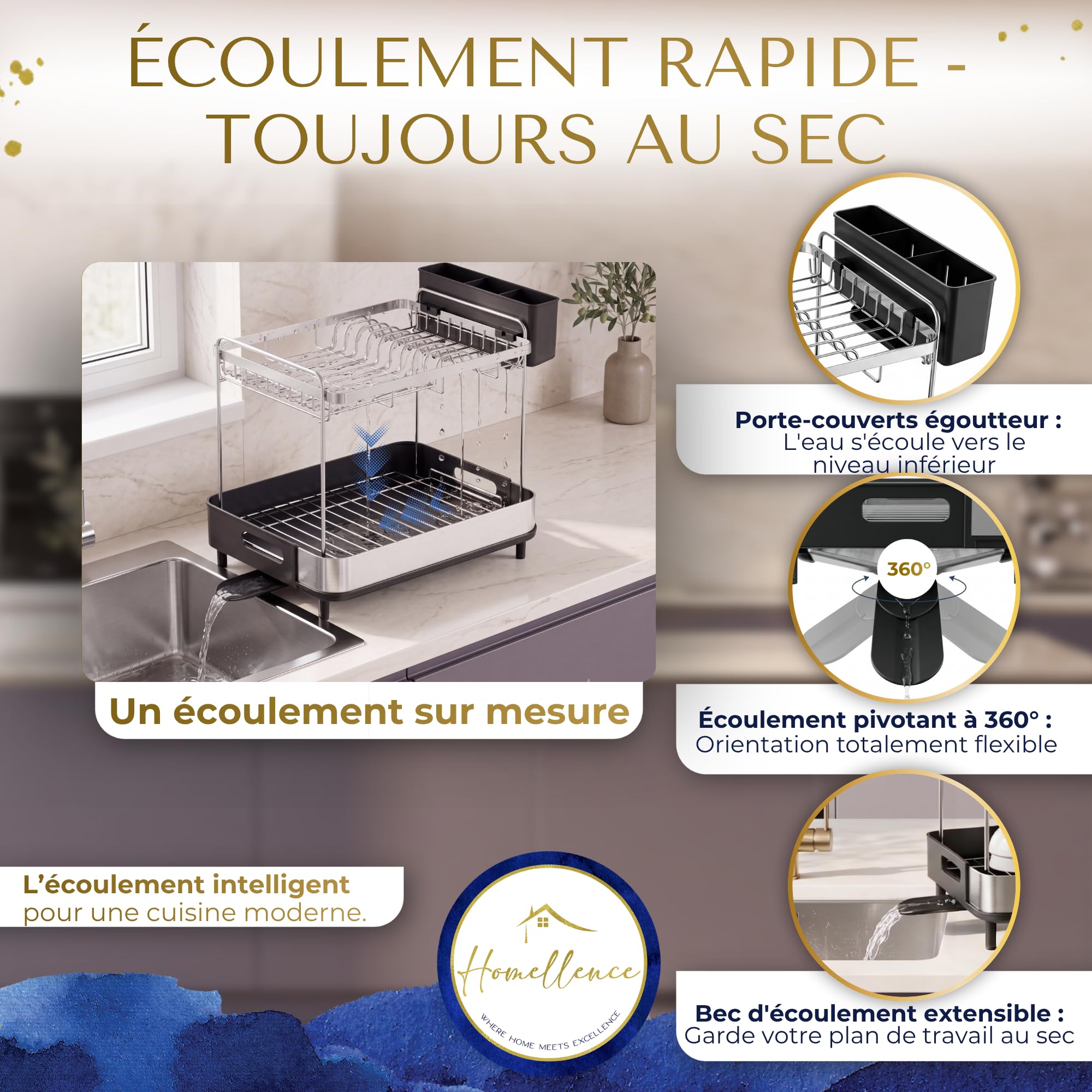 Homellence Égouttoir à Vaisselle 2 Niveaux, Égouttoir Cuisine Compact, Noir