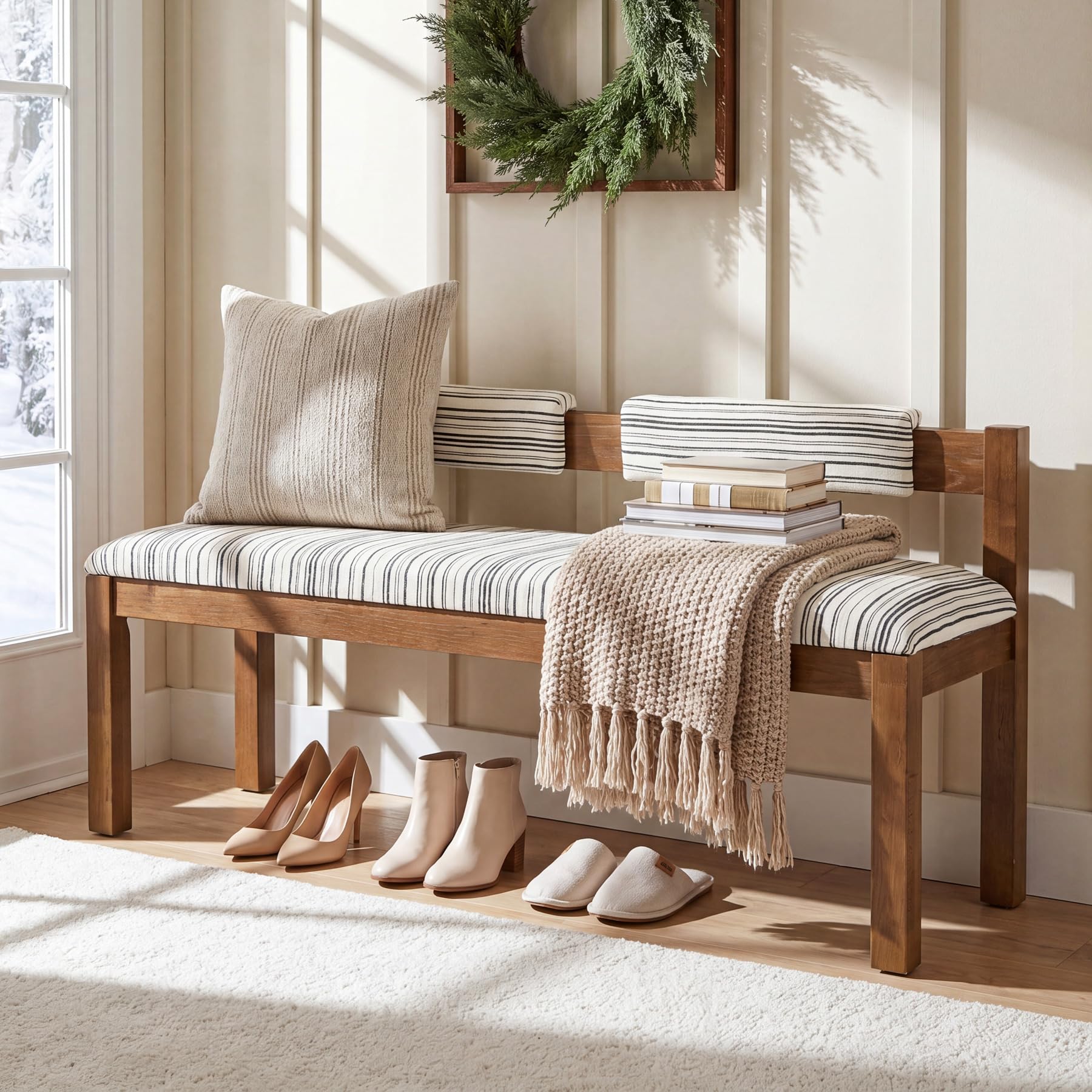 55-Inch Upholstered Wood Dining Bench with Backrest