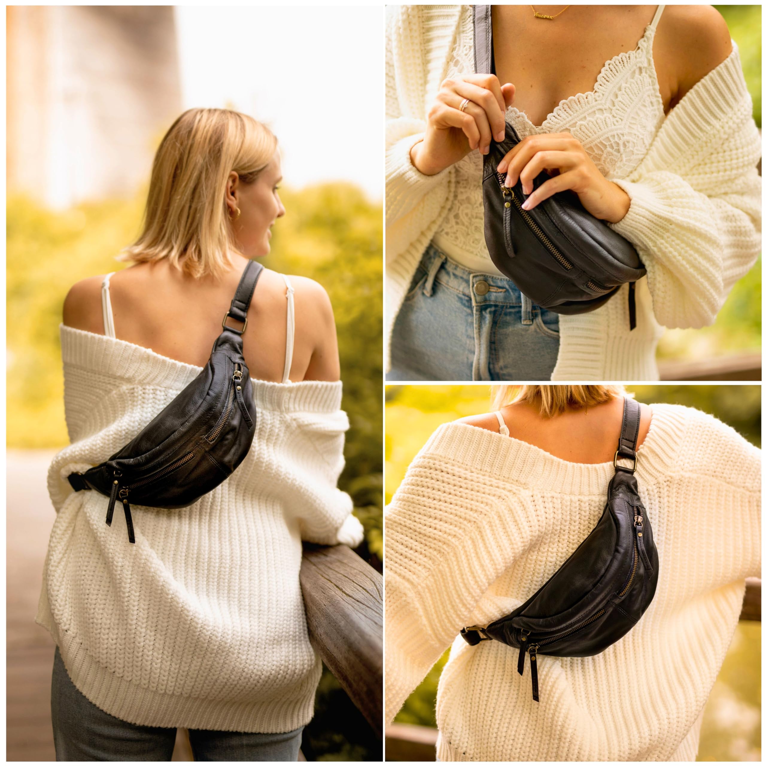 Gusti marsupio in pelle - Acton borsa a tracolla da donna e da uomo per festival borsa da cintura alla moda vintage nero pelle