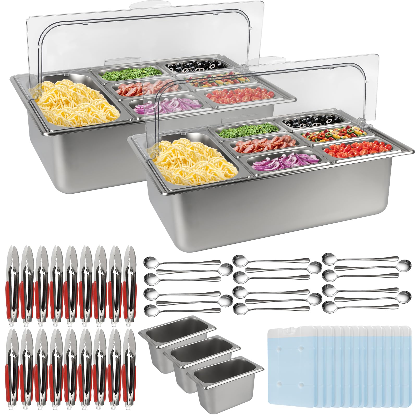 Kalolary 2 Sets 10 Pans Pizza Topping Station with Ice Boxes Spoons Clips