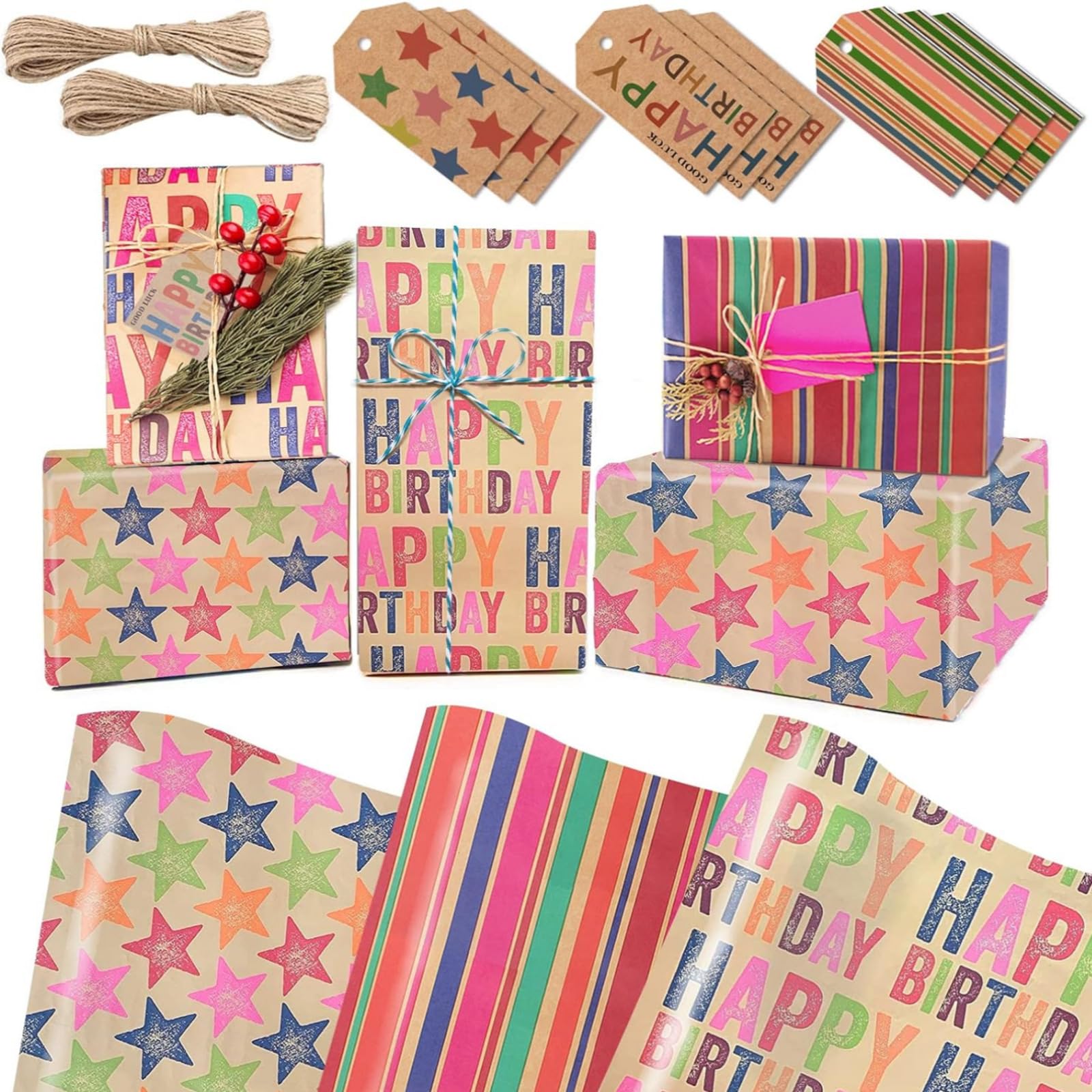 TZAONEN 9 Sheets Gift Wrapping Paper Birthday with Tags and Strings Flat Brown Gift Wrap for Birthdays, Graduations
