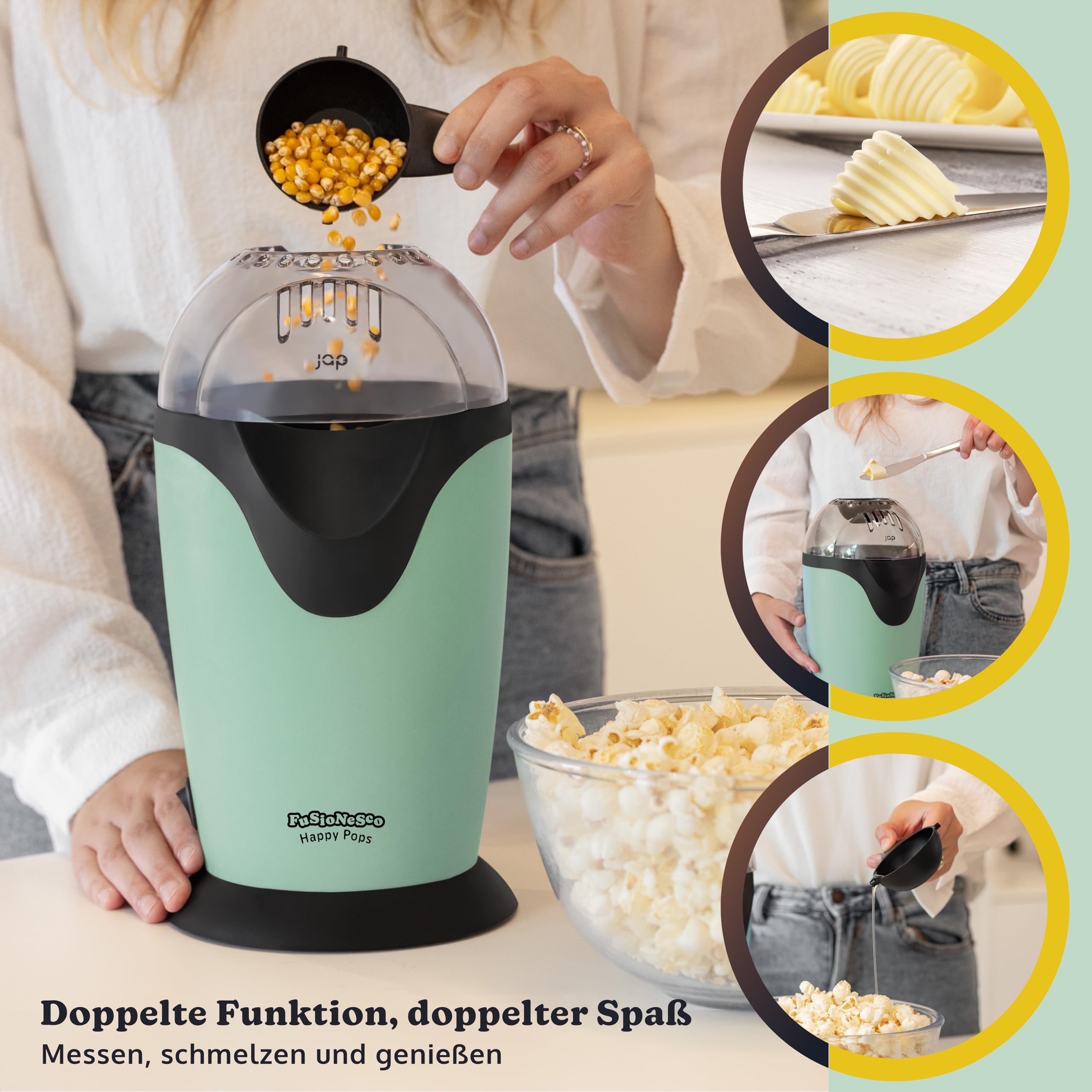 JAP Happy Pops Popcornmaschine - Retro Popcorn maker - Popcornmaschine für zuhause - 2 bis 3 Personen - Innerhalb von 3 Minuten fertig - Fettfrei - Ölfrei - Grün