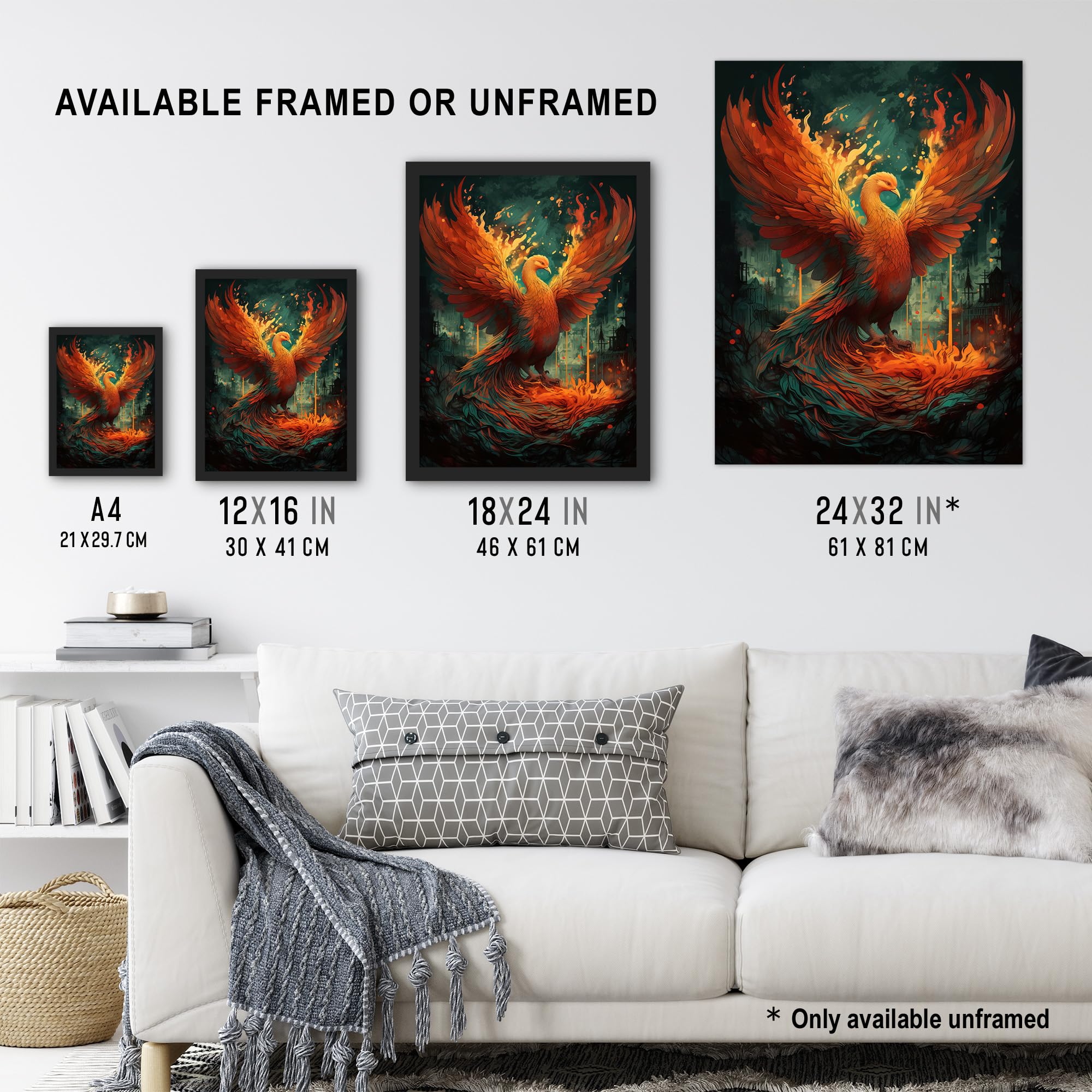 Artery8 Majestic Phoenix Bird Concept Painting Blue Orange Red Mythical Creature Rising from the Ashes Spreading Fire Wings Vibrant Portrait Artwork Framed Wall Art Print A4 - Image 3
