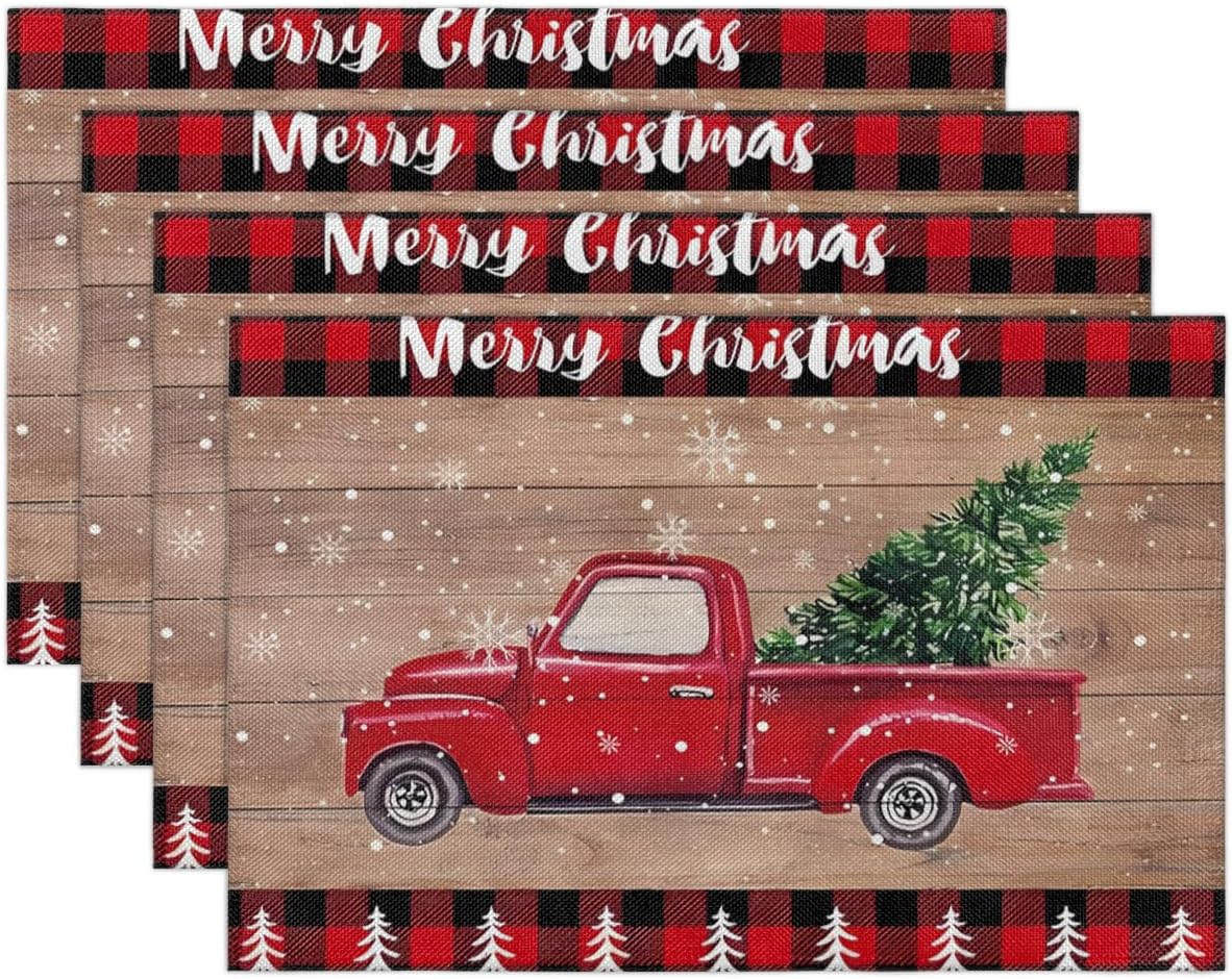 UOYO Christmas Truck Placemat Set of 4, Vintage Farm Xmas