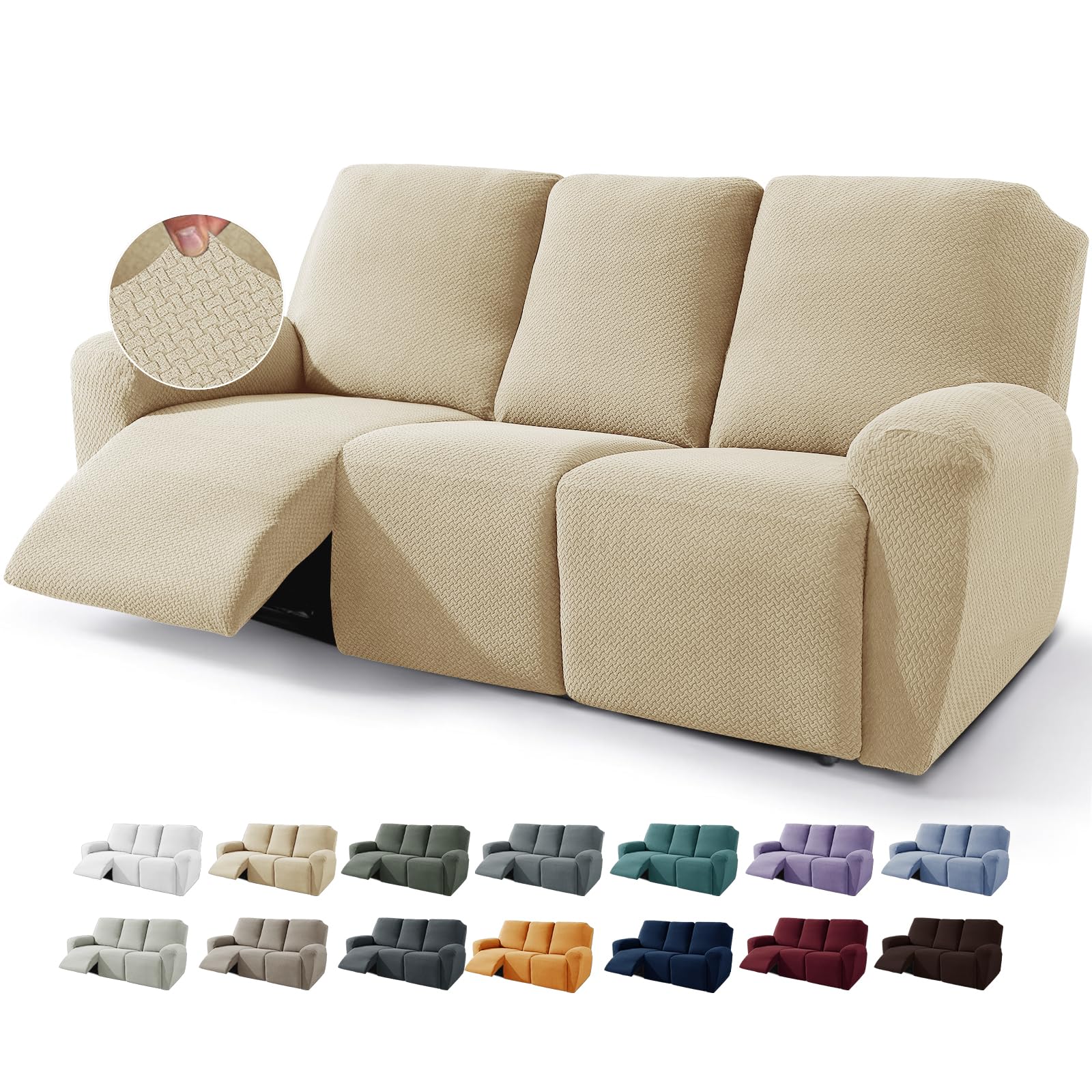 Housse De Canapé Inclinable 8 Pièces Jacquard Élastique - Protection 3 Places, Beige Clair