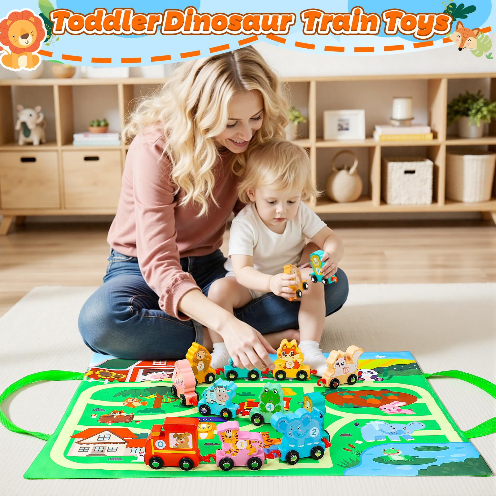 Anginne Tren Zabawki dla Dzieci 1 2 3 4 Lata - Drewniany Mały Pociąg na Zwierzęta z Dywanem do Przechowywania Zabawek - Montessori 1 Rok, Zabawki i Prezenty dla Niemowląt, Prezent dla Dziecka 1-4 Lata