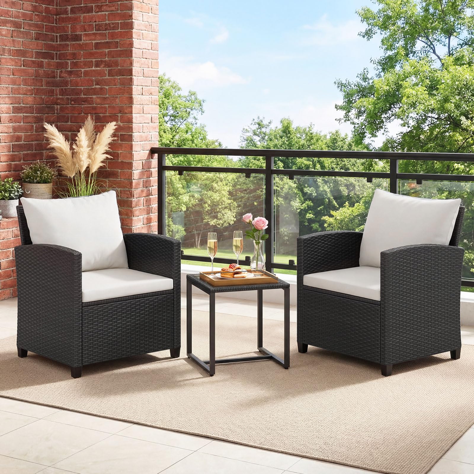 COSTWAY Conjunto Mesa y Sillas Jardin de 3 Piezas, Conjunto de Conversación de Ratán PE con 2 Sillas,Mesa Auxiliar de Vidrio Templado y Cojines con Funda Desmontable para Terraza Patio (Negro+Beige)