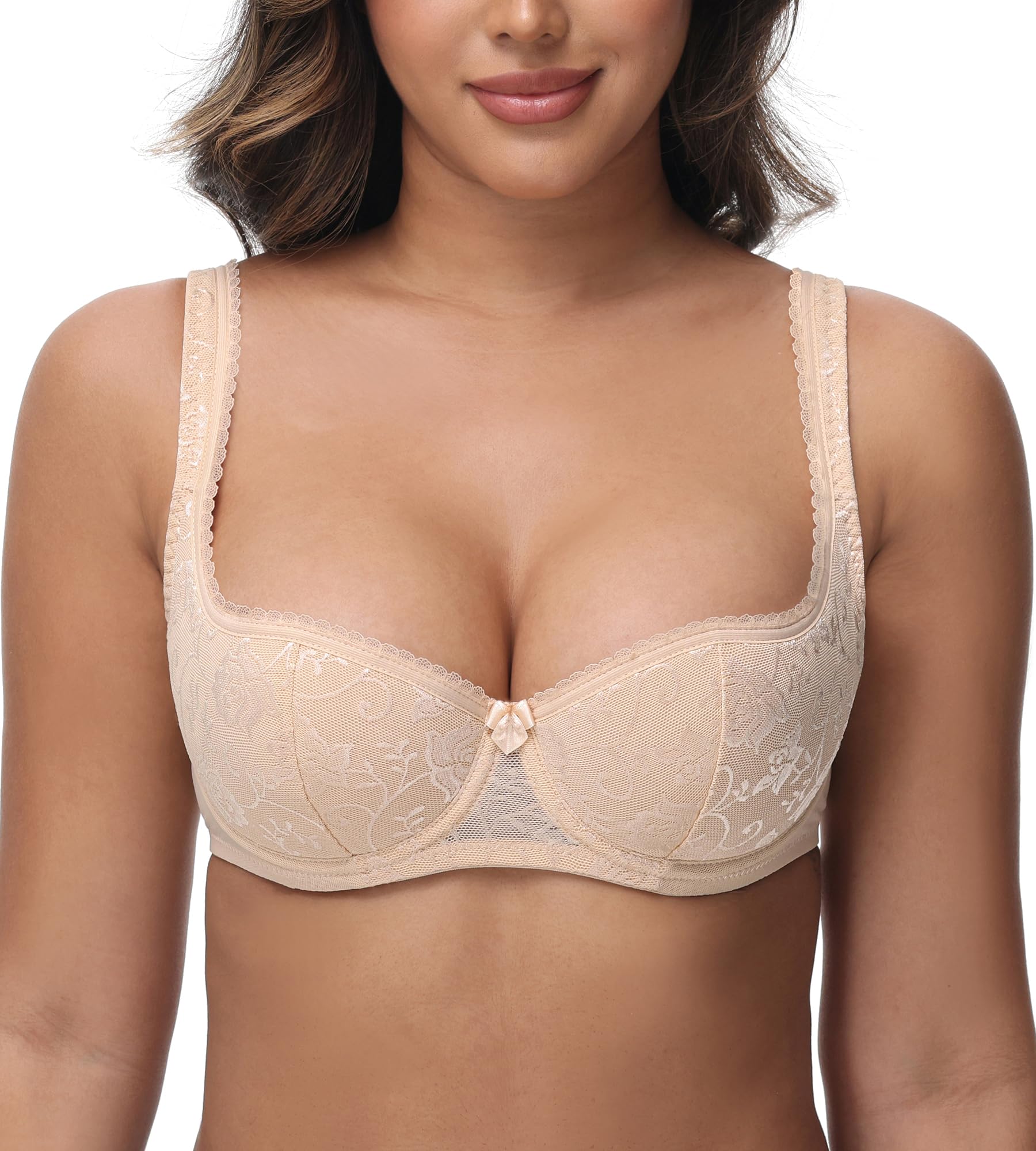 Women's Sexy Blconette Bra Demi Half Cup Push Up Lightly Padded Lace Underwire Low Cut Plus Size Bras Wide Straps