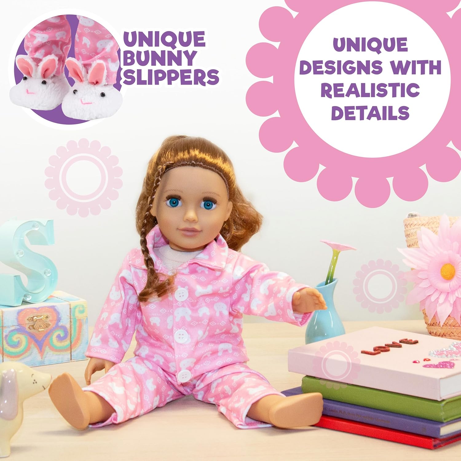 Bunny Doll Pajama Set w Slippers- 18" Doll Clothes & Accessories Compatible w American Girl Dolls- 3pc PJ Outfit Set Includes Rabbit Shirt, Pants,& White Slippers- Cozy
