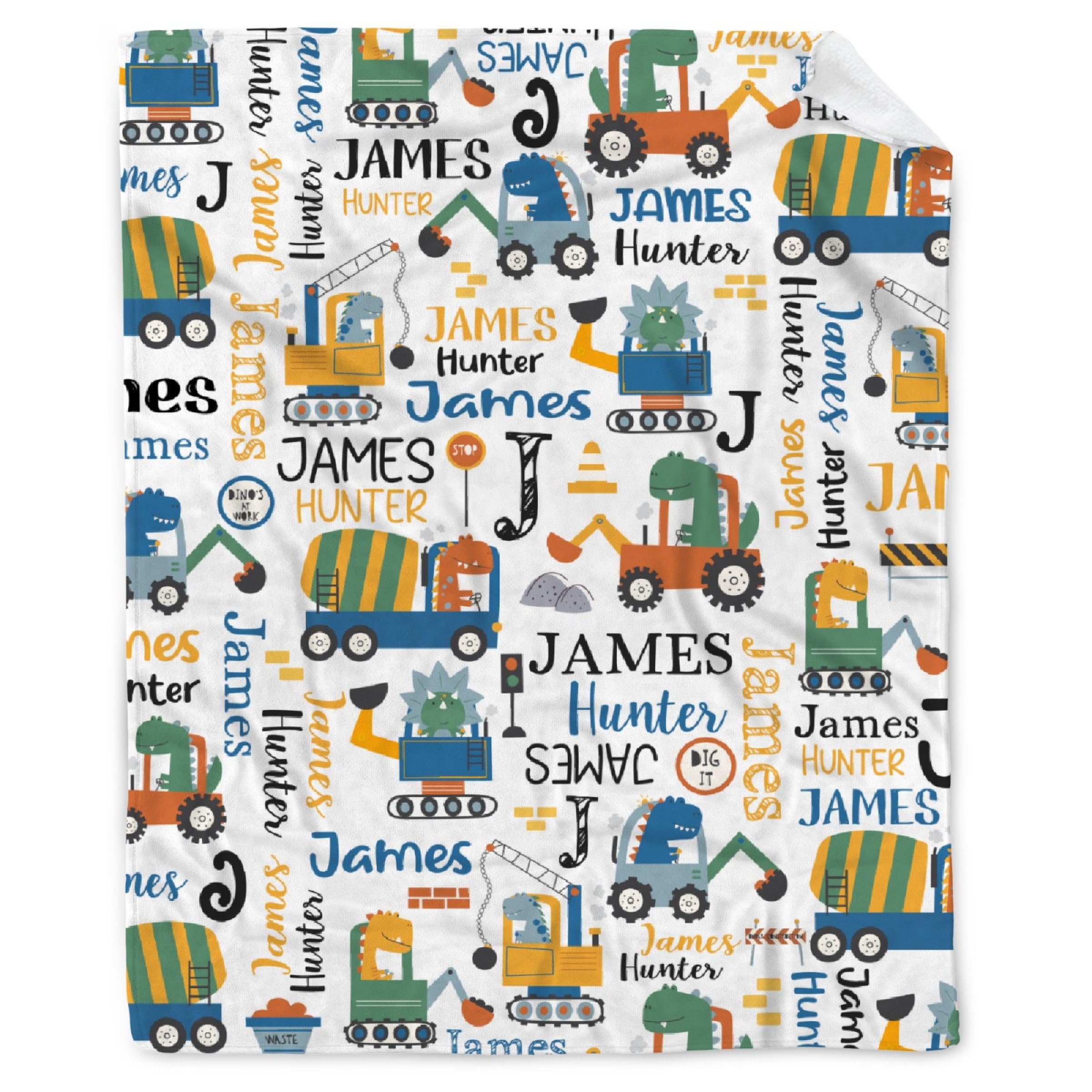Personalized Dinosaurs Construction Trucks Blanket Gift for Boy Girl