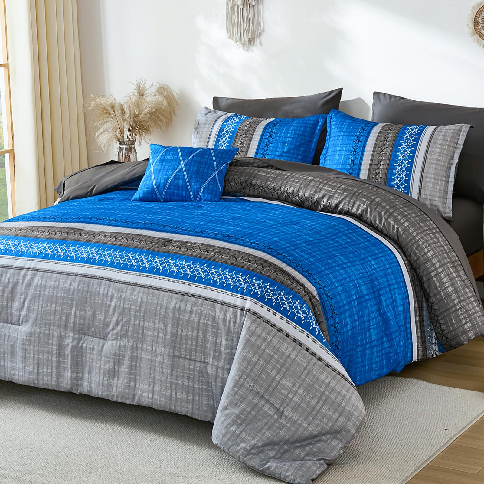 Dintszyayue Blue King Comforter Size Set, 8 Pieces Striped Boho Texture Bed in a Bag Sets, Lightweight Soft Bohemian Comforter and Sheet Set, All Season Microfiber Bedding Sets for Men Women