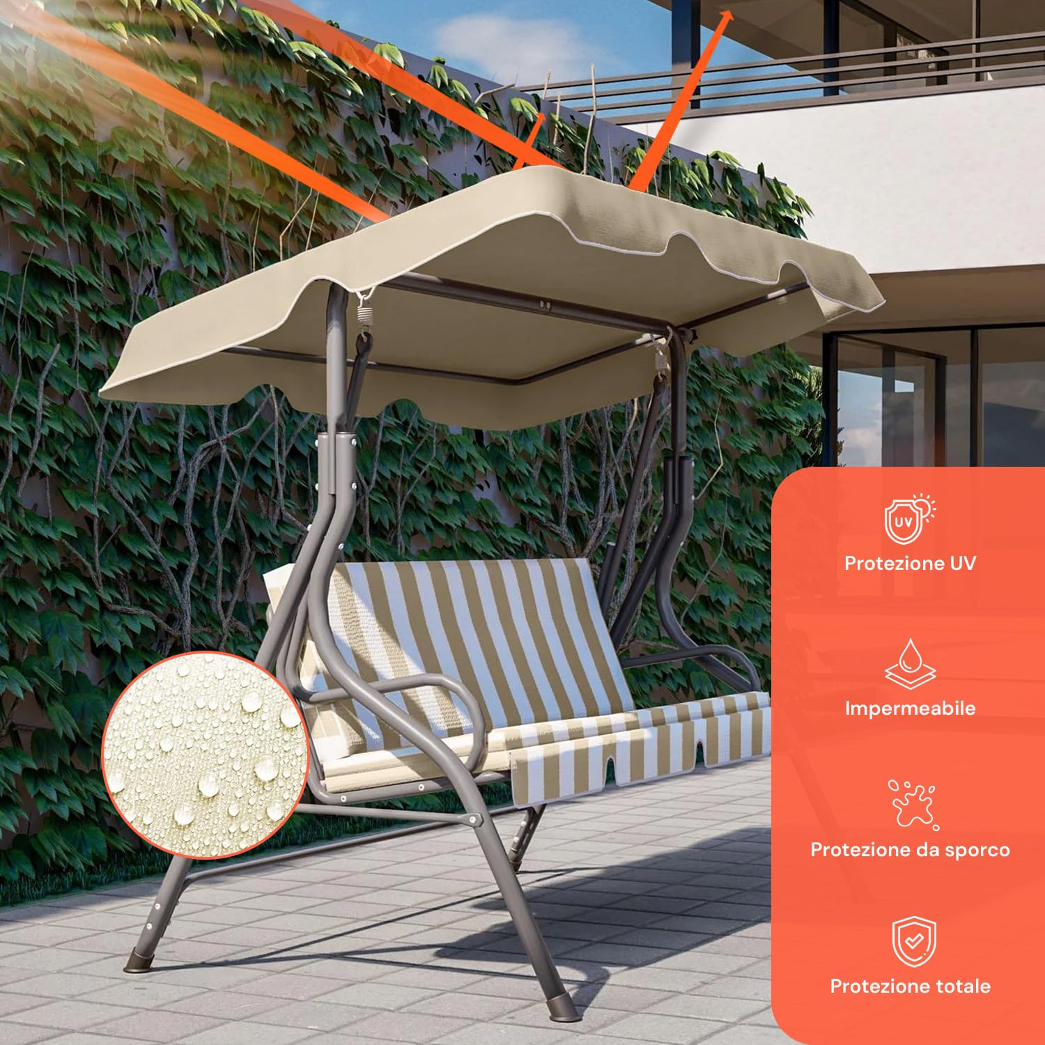 Avilia Dondolo da Giardino 3 Posti con Tettuccio – Dondolo da Esterno in Acciaio Antracite con Seduta Beige, Struttura Robusta e Parasole Regolabile per Patio, Terrazzo, Veranda