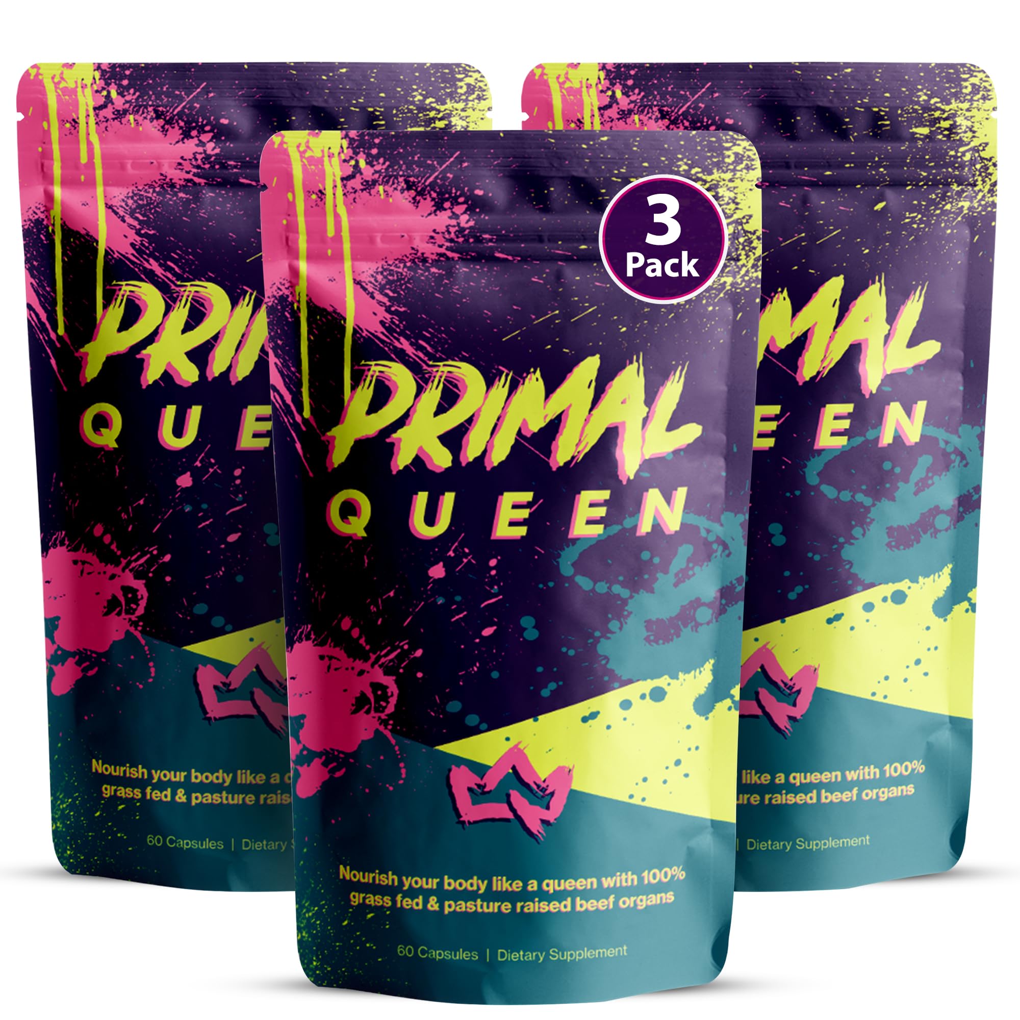 Primal Queen Female-Optimized Beef Organ Superfood Supplement (Beef Liver, Kidney, Heart, & 3 More) - 100% Grass Fed, Pasture Raised Cattle - Balance Hormones, Energy, & More for Women (Pack of 3)