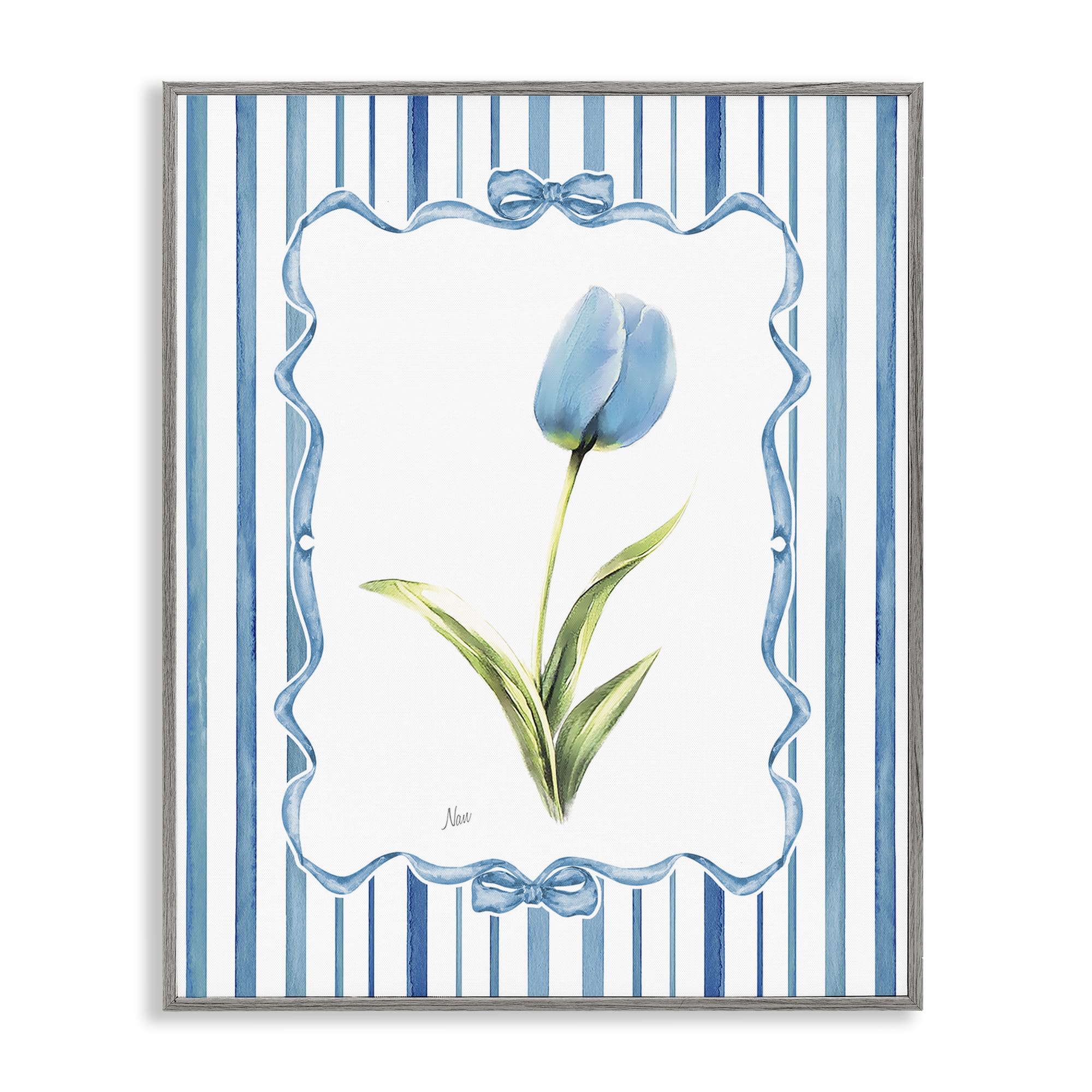 Stupell Industries 'Blue Tulip & Ribbon Border', Framed Giclee Art, Gray, 24 x 30 Inches, Easy to Hang and Sturdy, Made in USA, by Nan